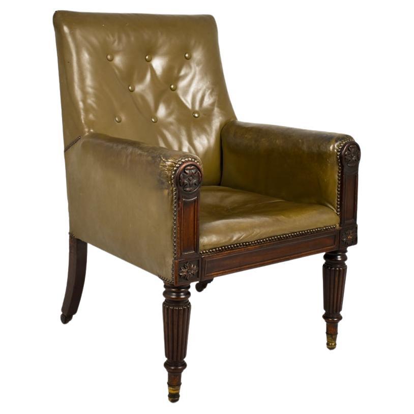 Olive Green Leather Georgian Library Chair, circa 1820 For Sale