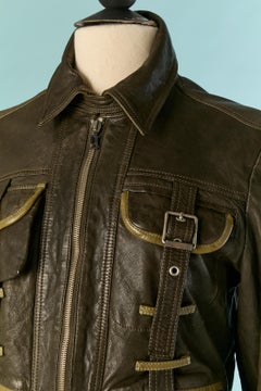 Olive green leather jacket with pocket with patchwork on the back GALLIANO