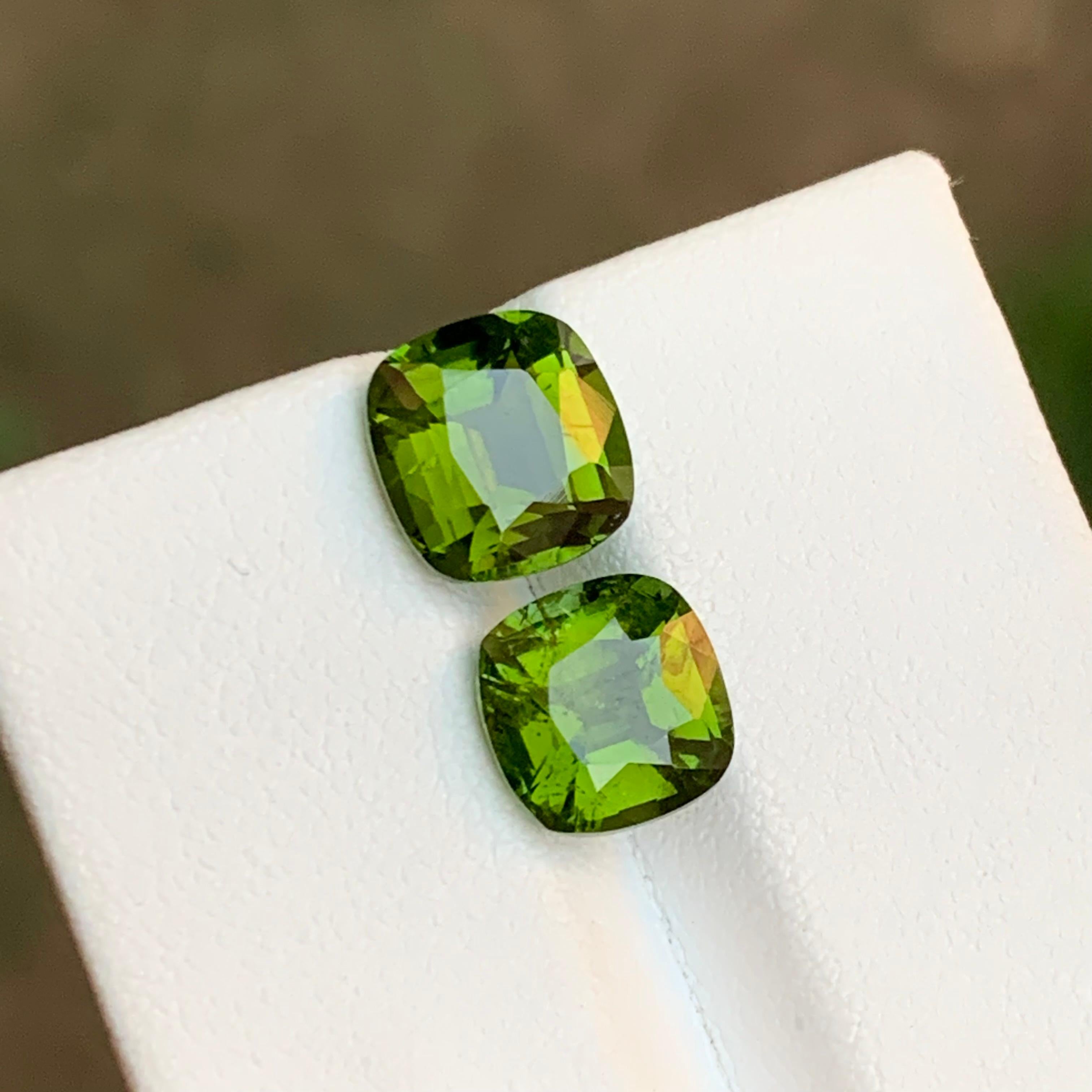Olive Green Natural Tourmaline Gemstone 5.15 Ct Step Cushion  Earrings Jewelry For Sale 4