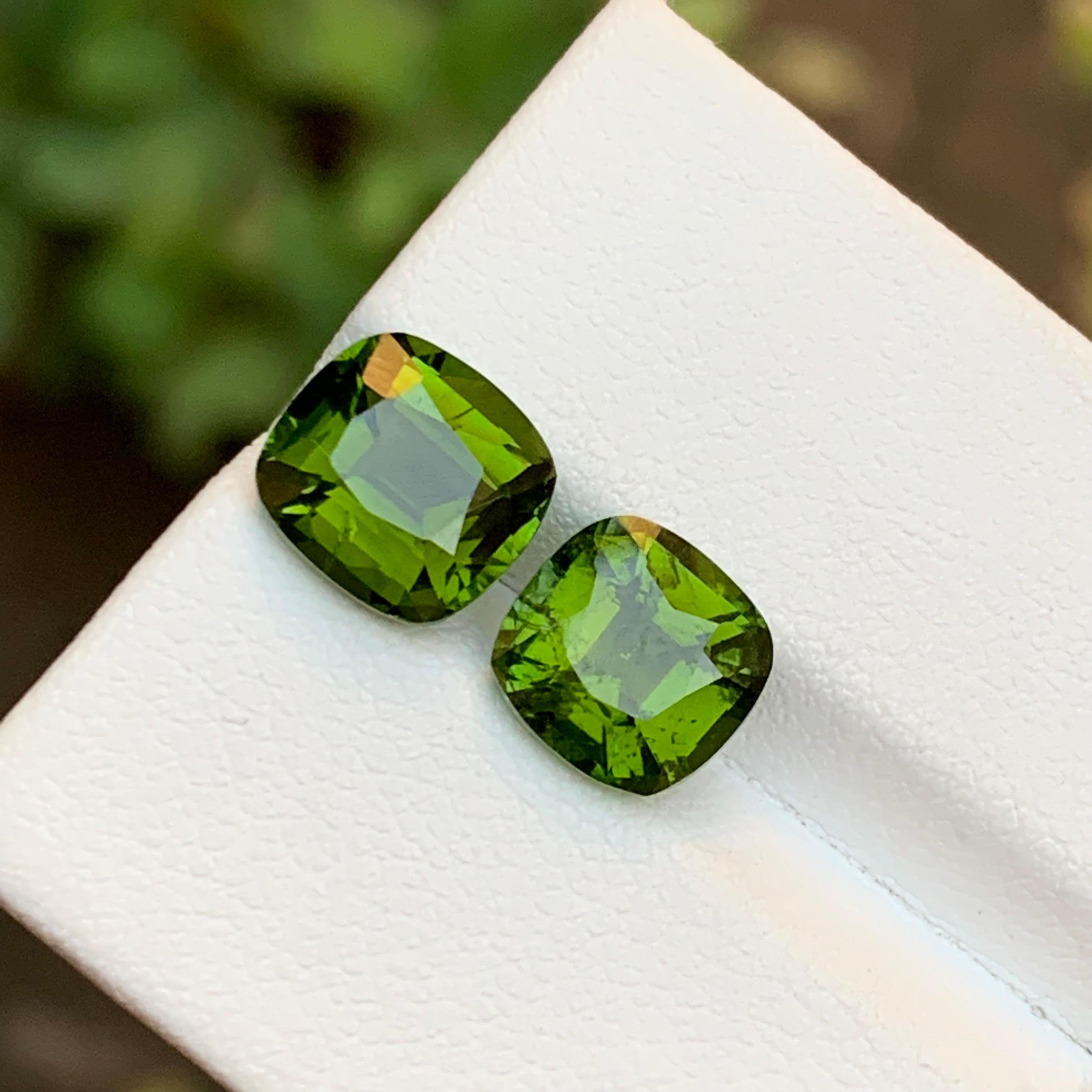 Olive Green Natural Tourmaline Gemstone 5.15 Ct Step Cushion  Earrings Jewelry For Sale 2