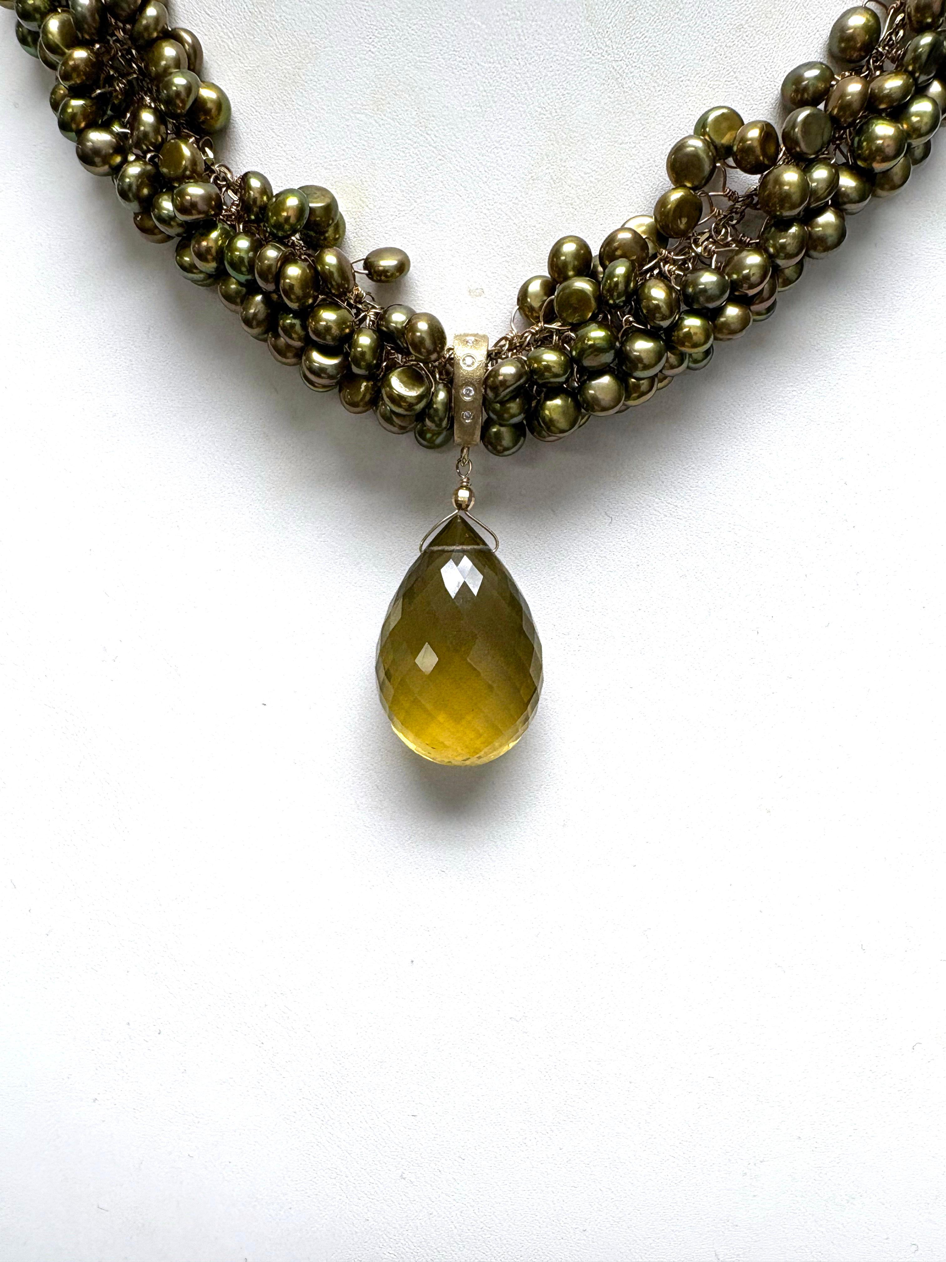 Collana Paradizia con perle verde oliva, citrino limone e diamanti In condizioni Nuovo in vendita a Laguna Beach, CA