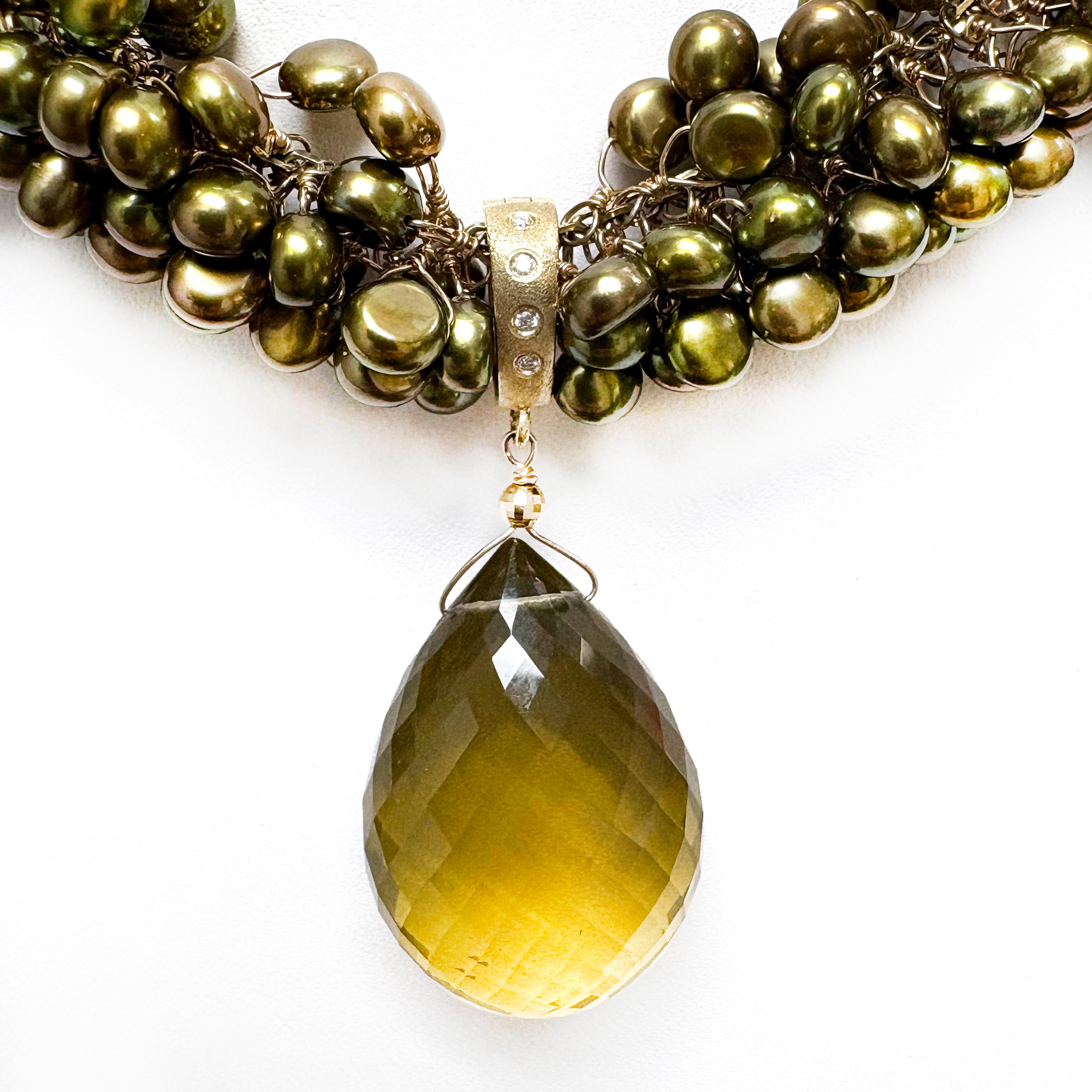 Collana Paradizia con perle verde oliva, citrino limone e diamanti In condizioni Nuovo in vendita a Laguna Beach, CA