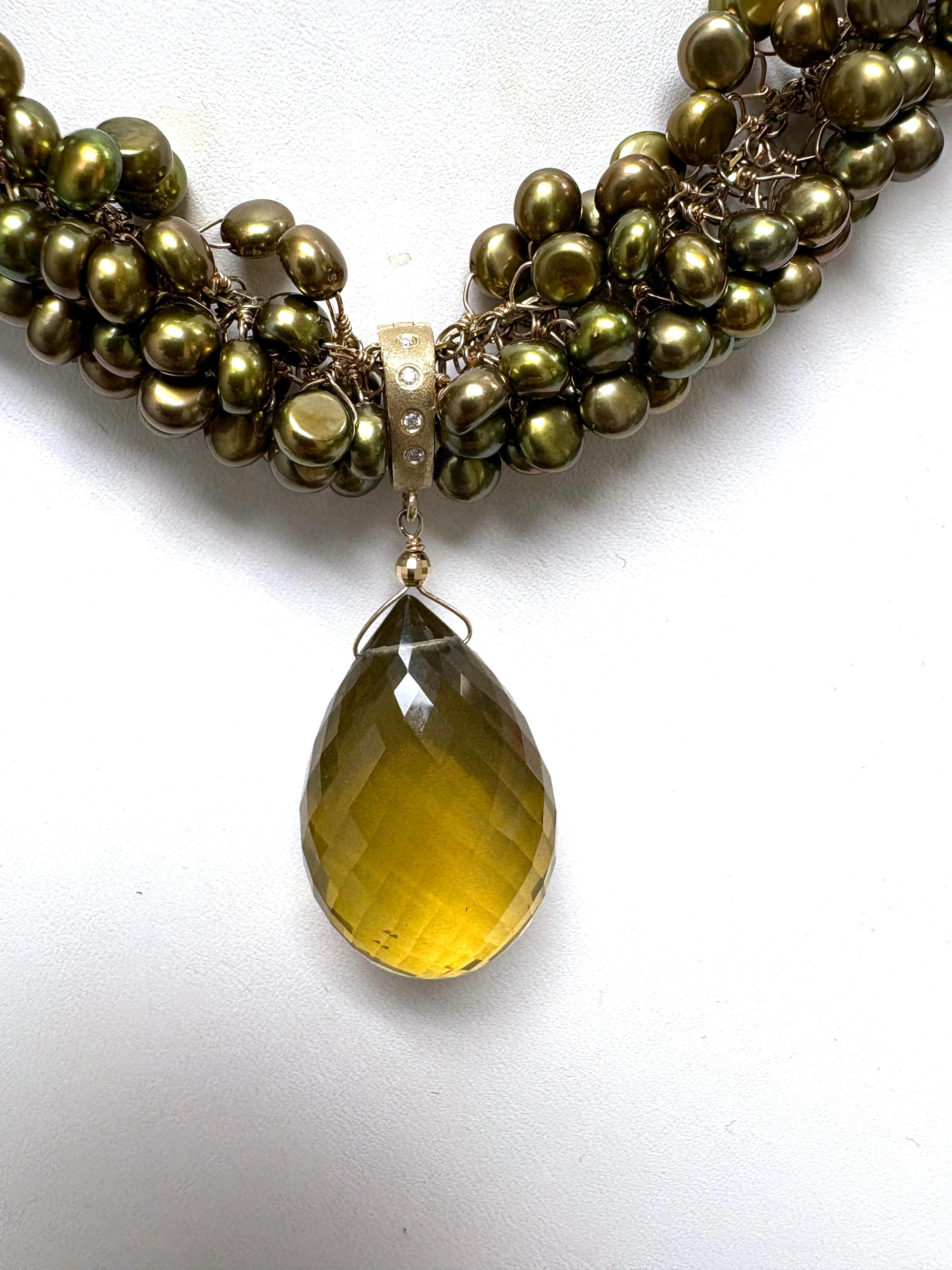 Donna Collana Paradizia con perle verde oliva, citrino limone e diamanti in vendita