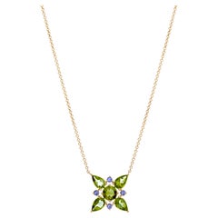 Olive Green Peridot Flower Lavalier Pendant Necklace in 18Kt Gold with Iolites 