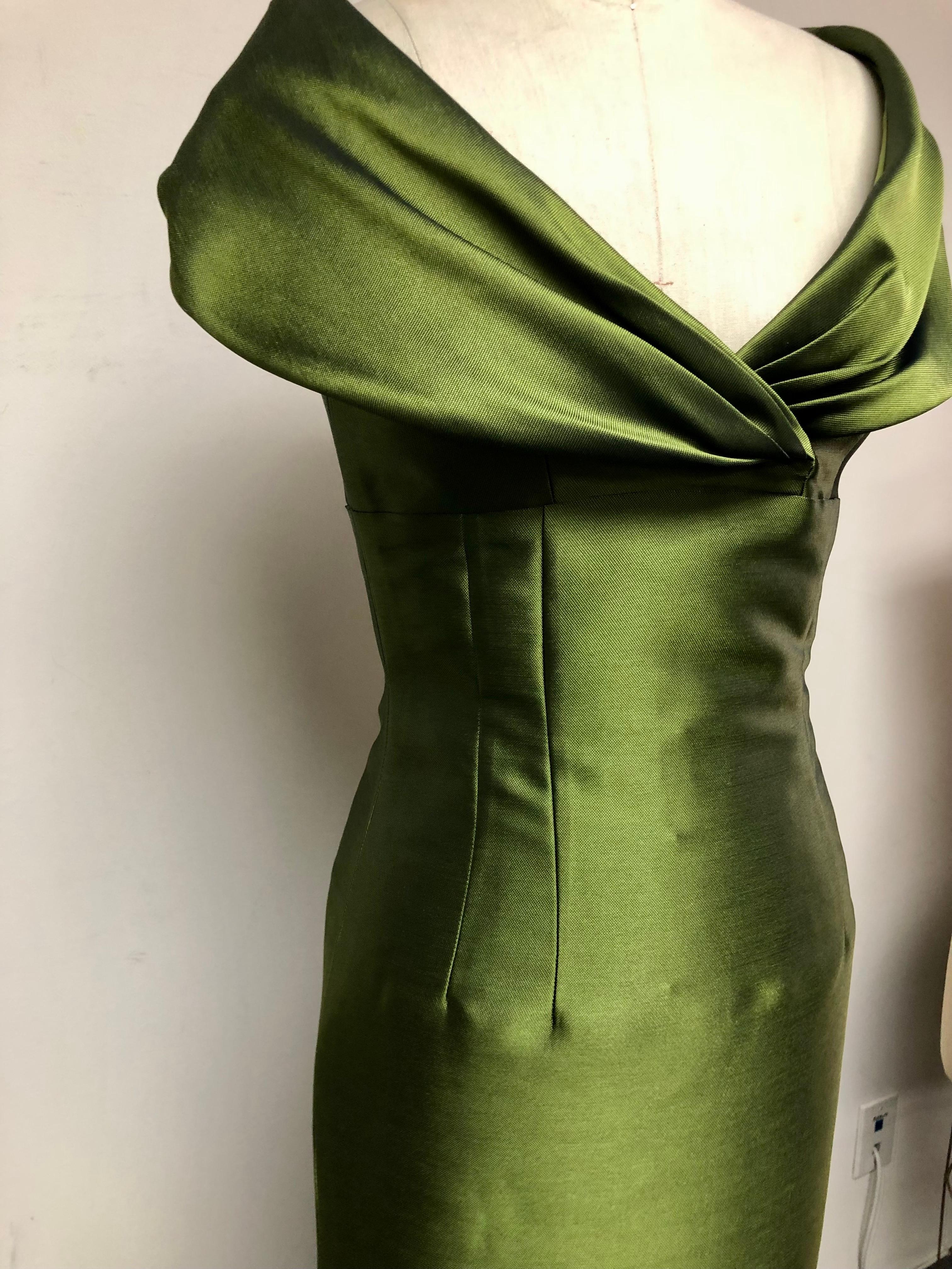 Olive Green Portrait Collar Slim Dress  2
