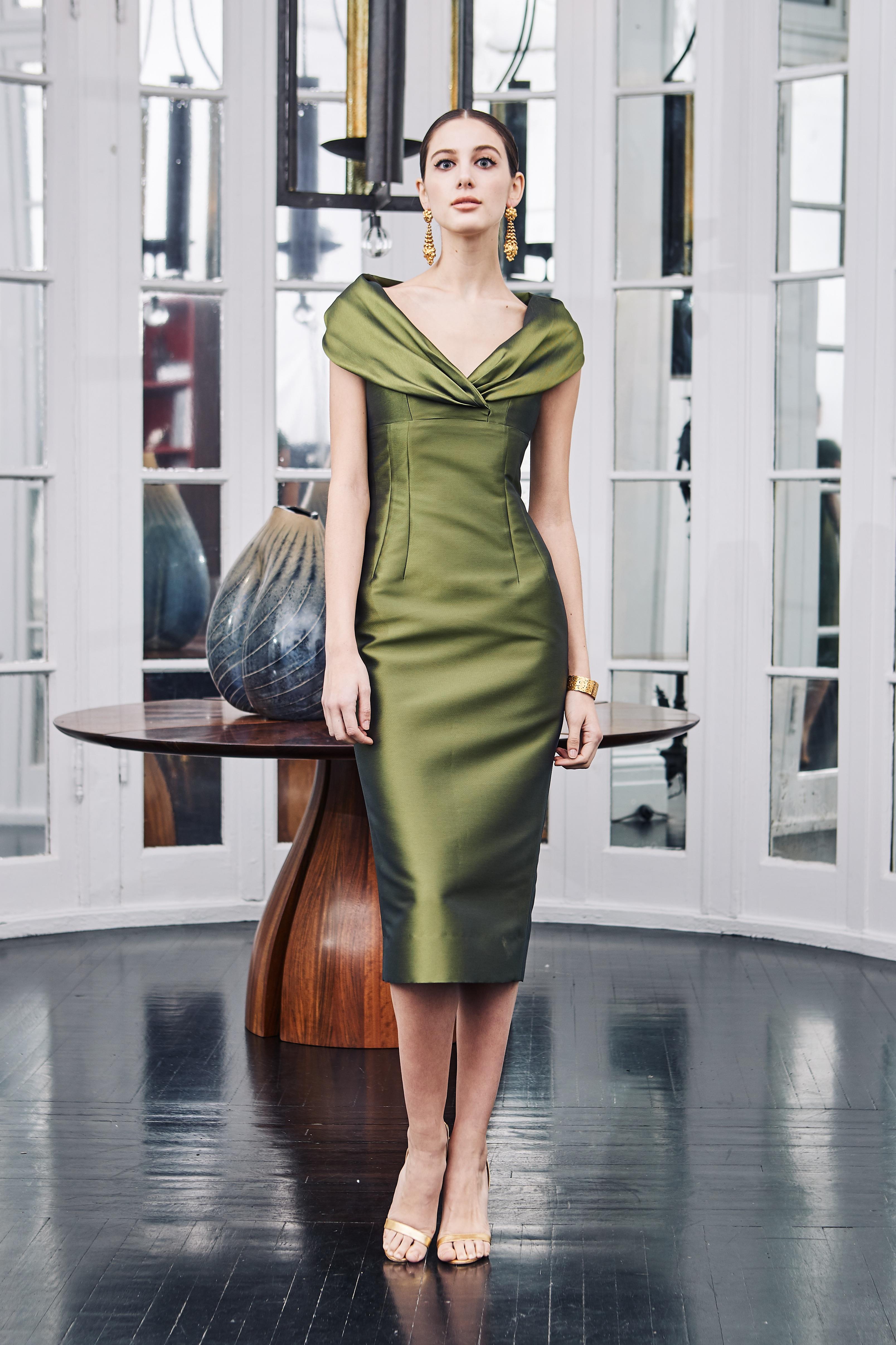 Olive Green Portrait Collar Slim Dress  5
