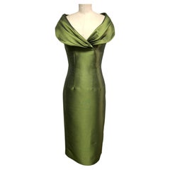 Vintage Olive Green Portrait Collar Slim Dress 