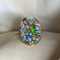 Olive Green Rose-Cut Diamond Black Lightning Ridge Opal, Paraïba Tourmaline Ring