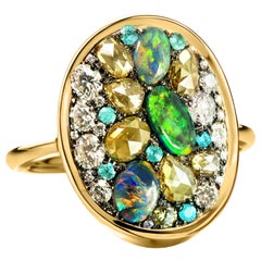 Olive Green Rose-Cut Diamond Black Lightning Ridge Opal, Paraïba Tourmaline Ring