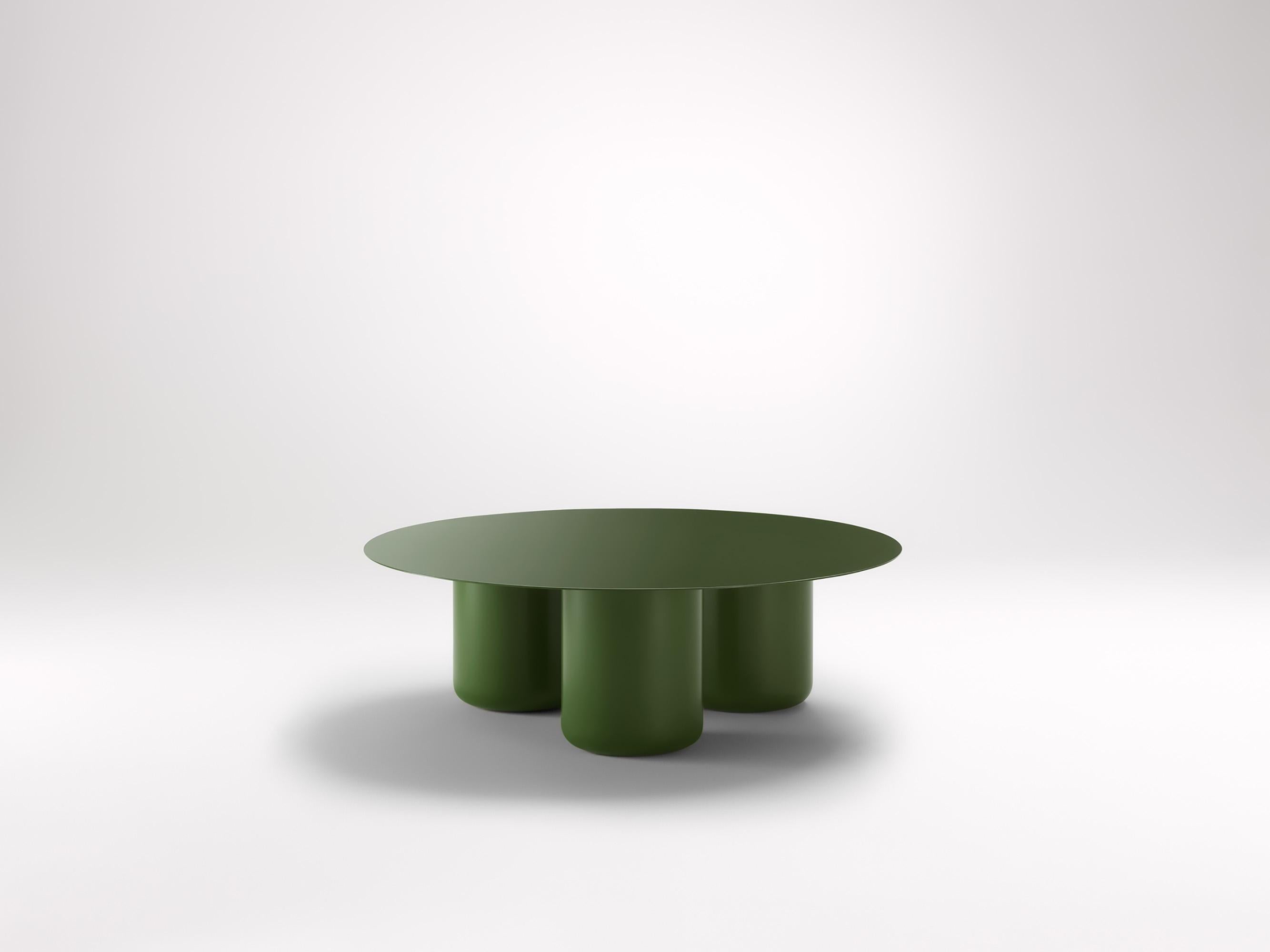 Olive Green Round Table by Coco Flip
Dimensions: D 100 x H 32 / 36 / 40 / 42 cm
Materials: Mild steel, powder-coated with zinc undercoat. 
Weight: 34 kg

Coco Flip is a Melbourne based furniture and lighting design studio, run by us, Kate Stokes and