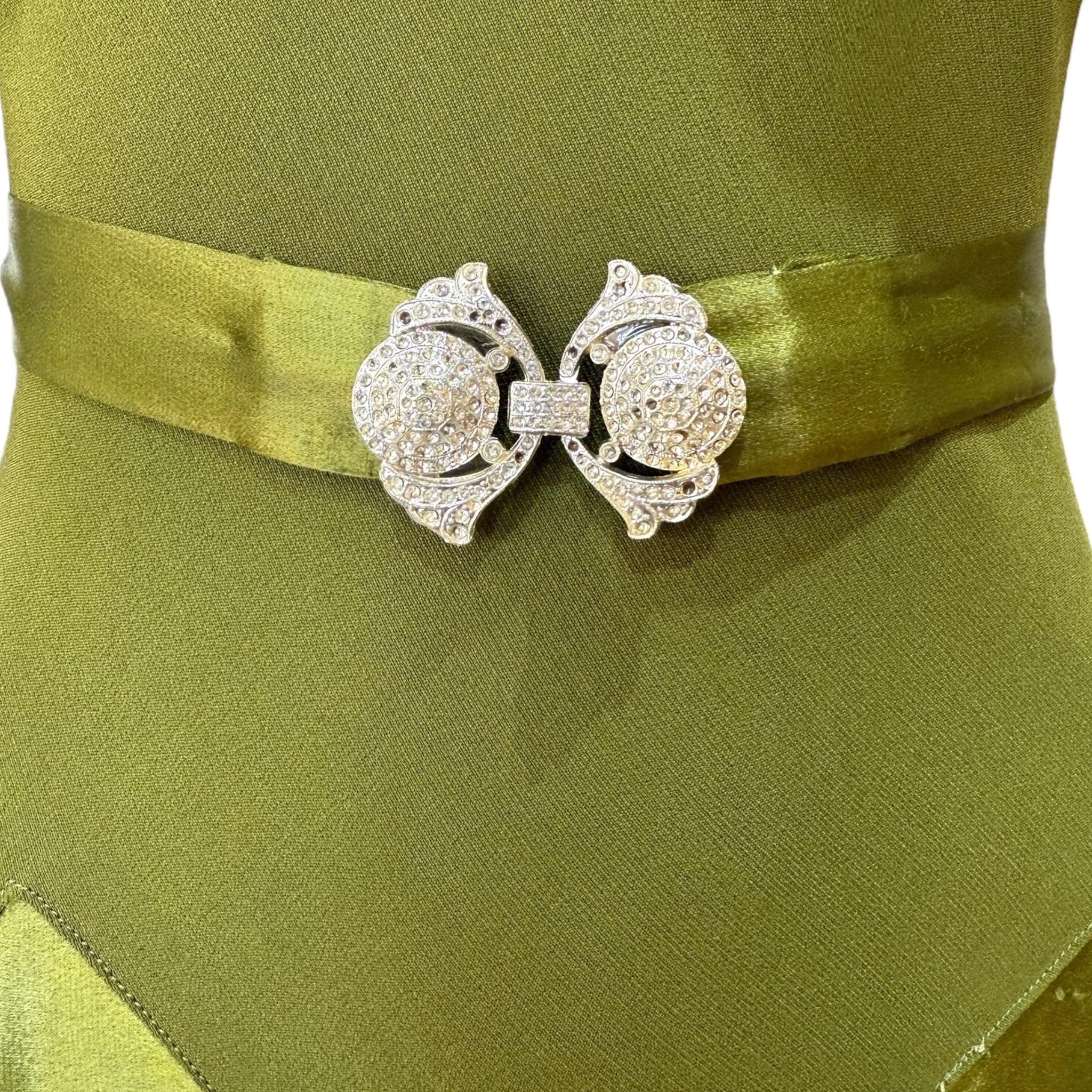 Brown Olive Green Satin & Crepe Cocktail Dress with Belt, 1930 For Sale