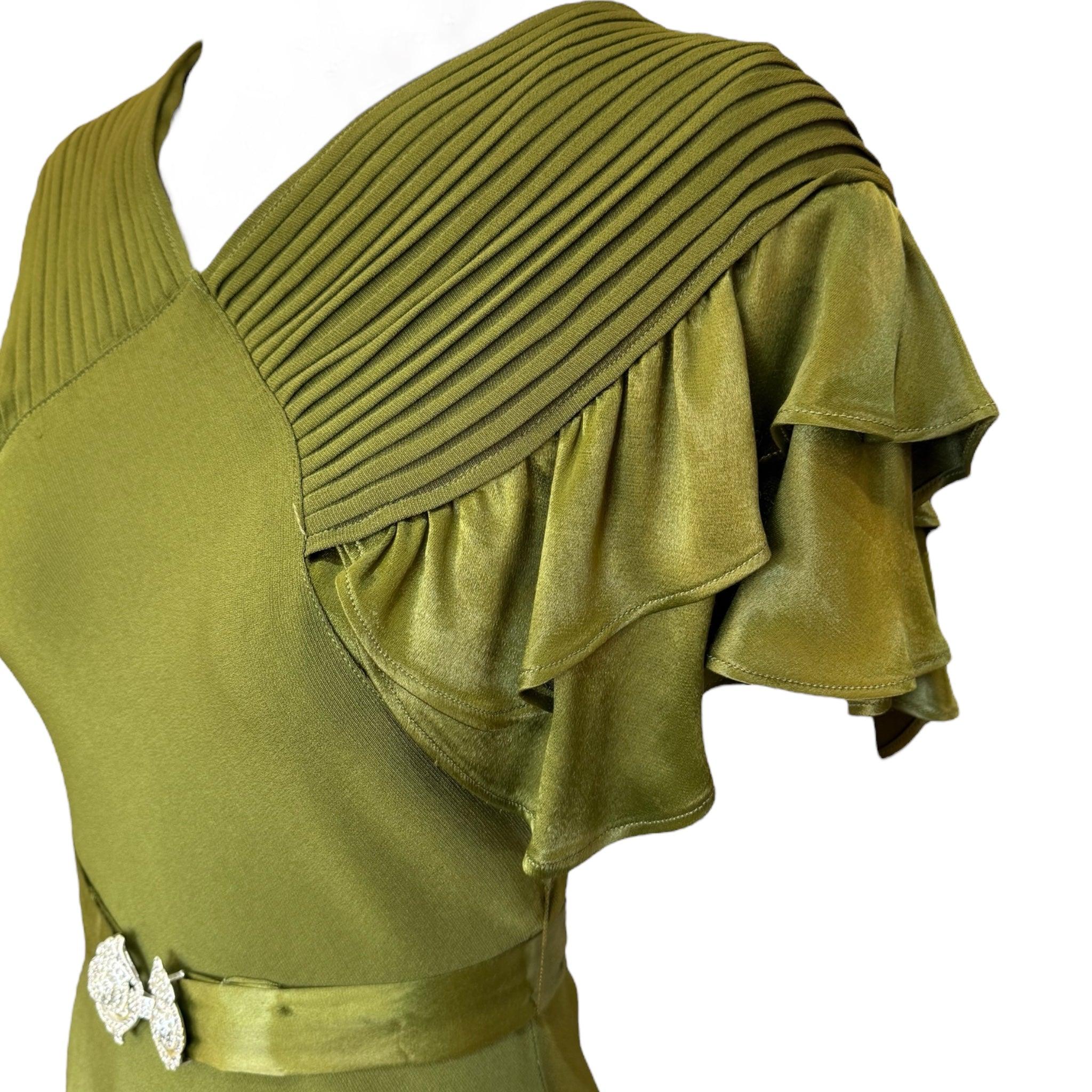 Olive Green Satin & Crepe Cocktail Dress with Belt, 1930 In Good Condition For Sale In Los Angeles, CA