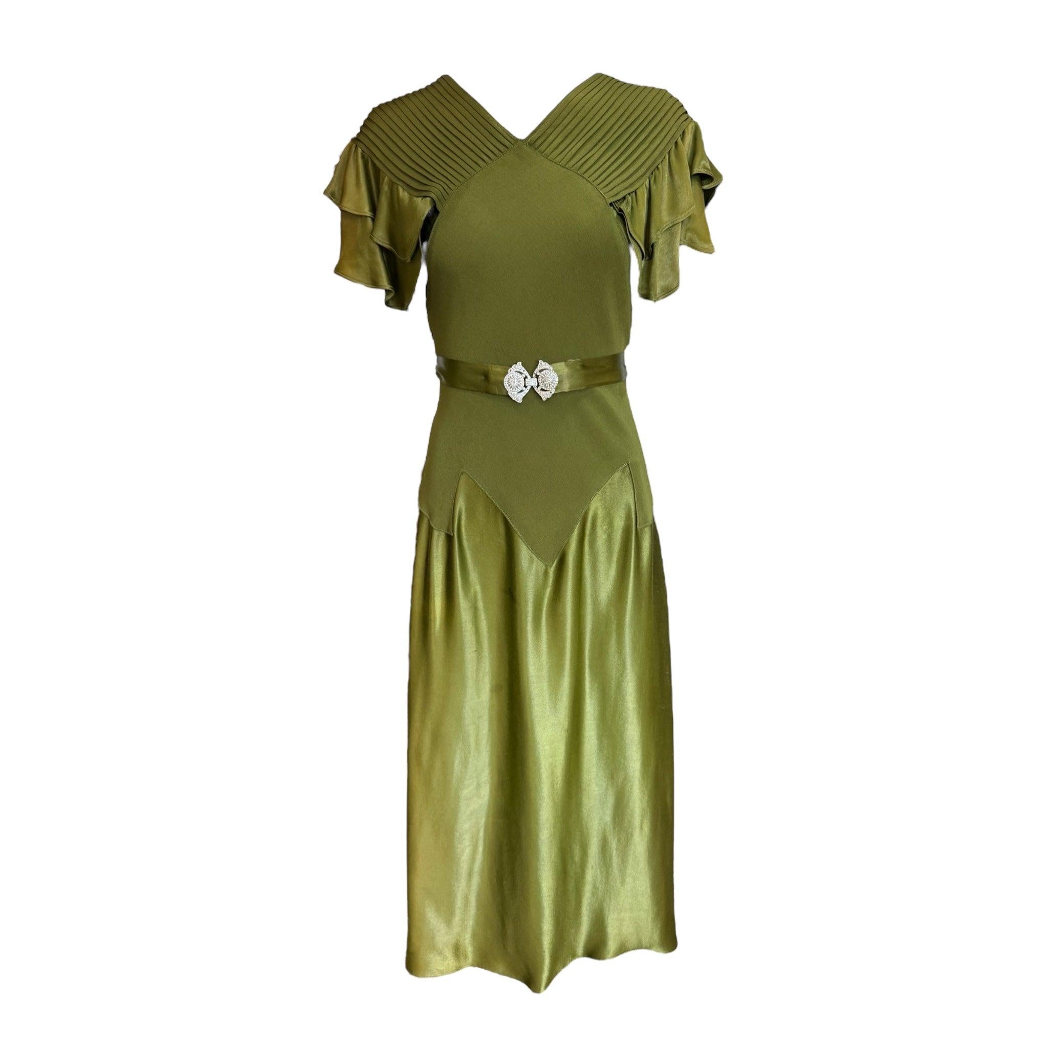 Olive Green Satin & Crepe Cocktail Dress with Belt, 1930 For Sale