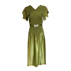 Olive Green Satin & Crepe Cocktail Dress with Belt, 1930