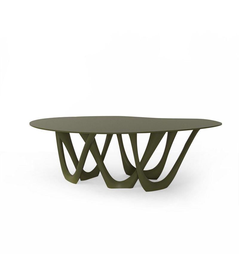 Olive Green Steel G-Table by Zieta
Dimensions: D 110 x W 220 x H 75 cm 
Material: Carbon steel. 
Finish: Powder-Coated.
Available in colors: Beige, Black/Brown, Black glossy, Blue-grey, Concrete grey, Graphite, Gray Beige, Gray-Blue, Moss Grey,