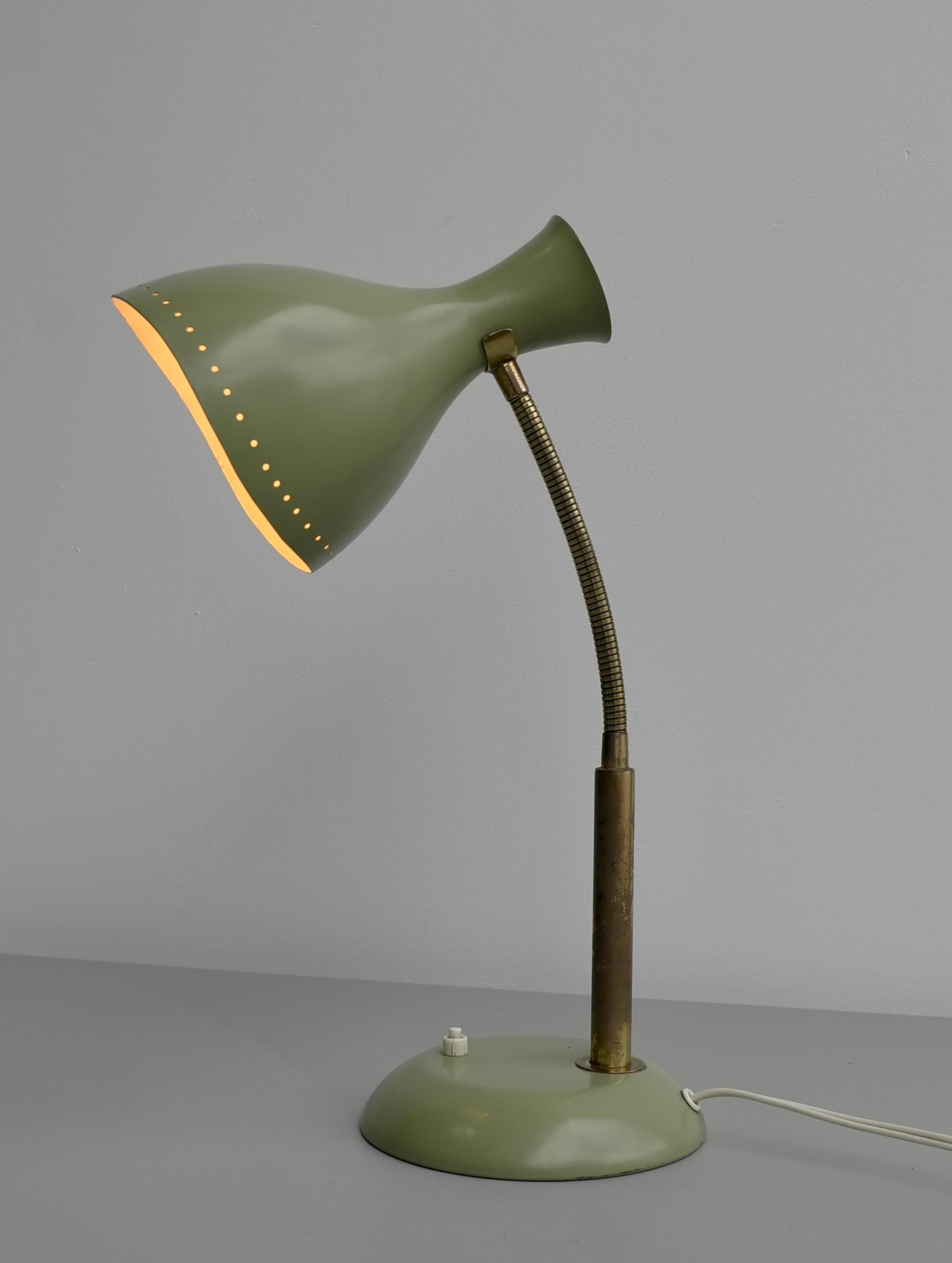 Mid-Century Modern Olive green table lamp with brass details, Italy 1950's For Sale