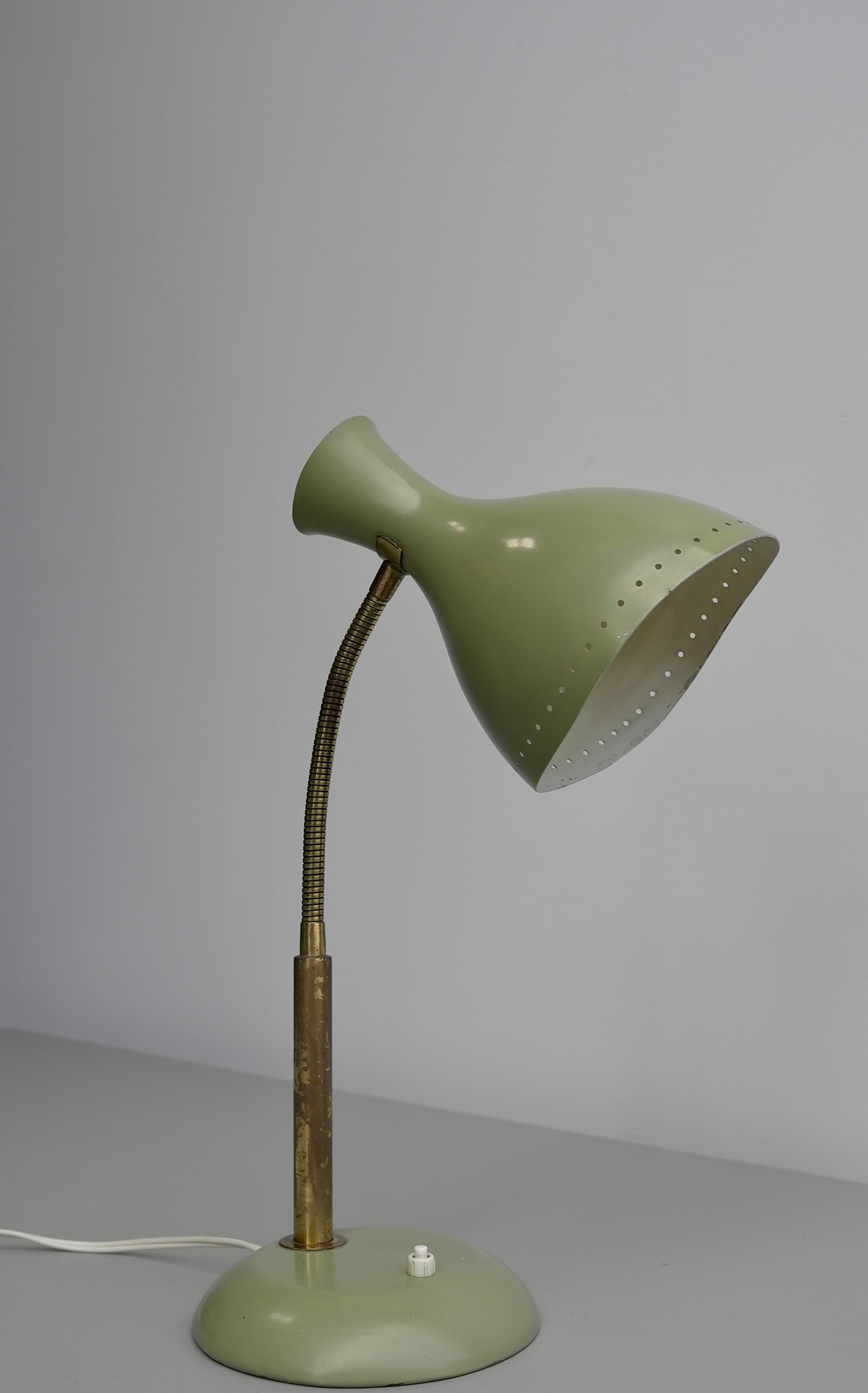 Mid-20th Century Olive green table lamp with brass details, Italy 1950's For Sale