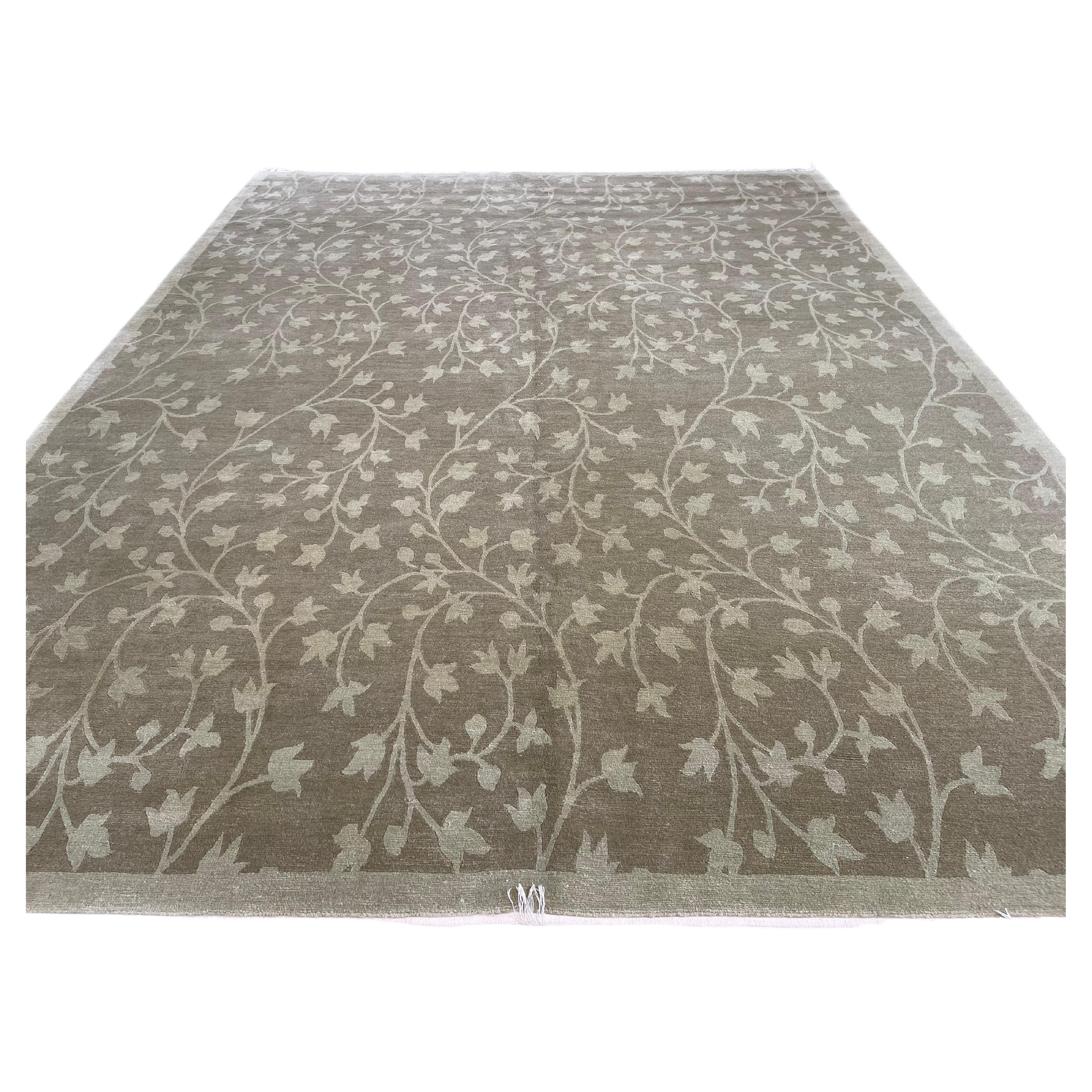 Olive Green Tulip and Vines All-Over Design Tibetan For Sale