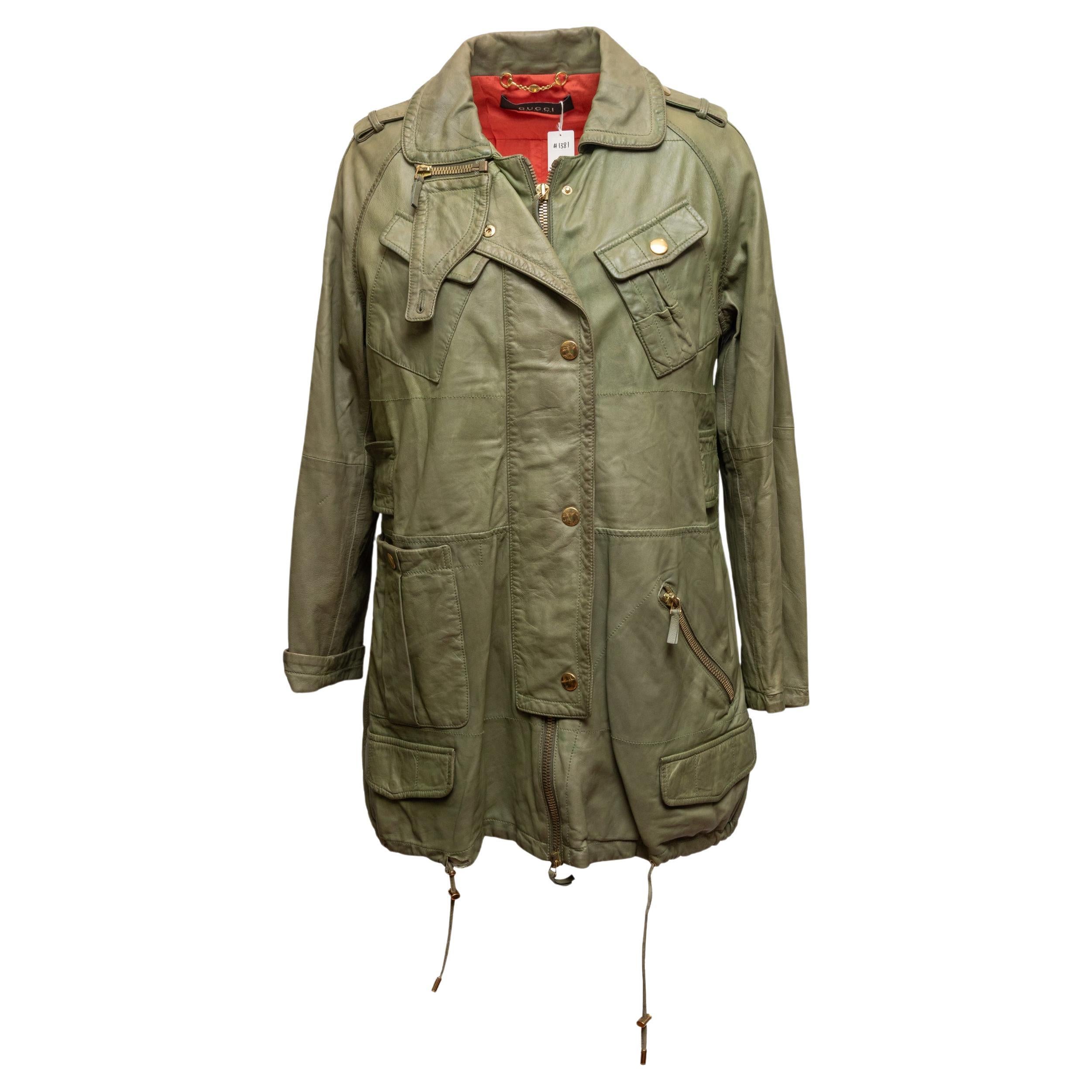 Gucci Leder Cargo Jacke Olive Größe IT 40 im Angebot