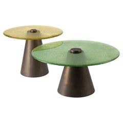 Olive & Honey Set of Coffee Tables with Hand Blown Glass Mounted on Brass Cones