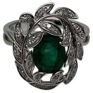 Olive Leaf Branch Motif Green Emerald Diamond Pave 14K White Gold Statement Ring