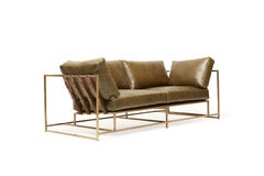 Olive Leather and Antique Brass Two-Seat Sofa