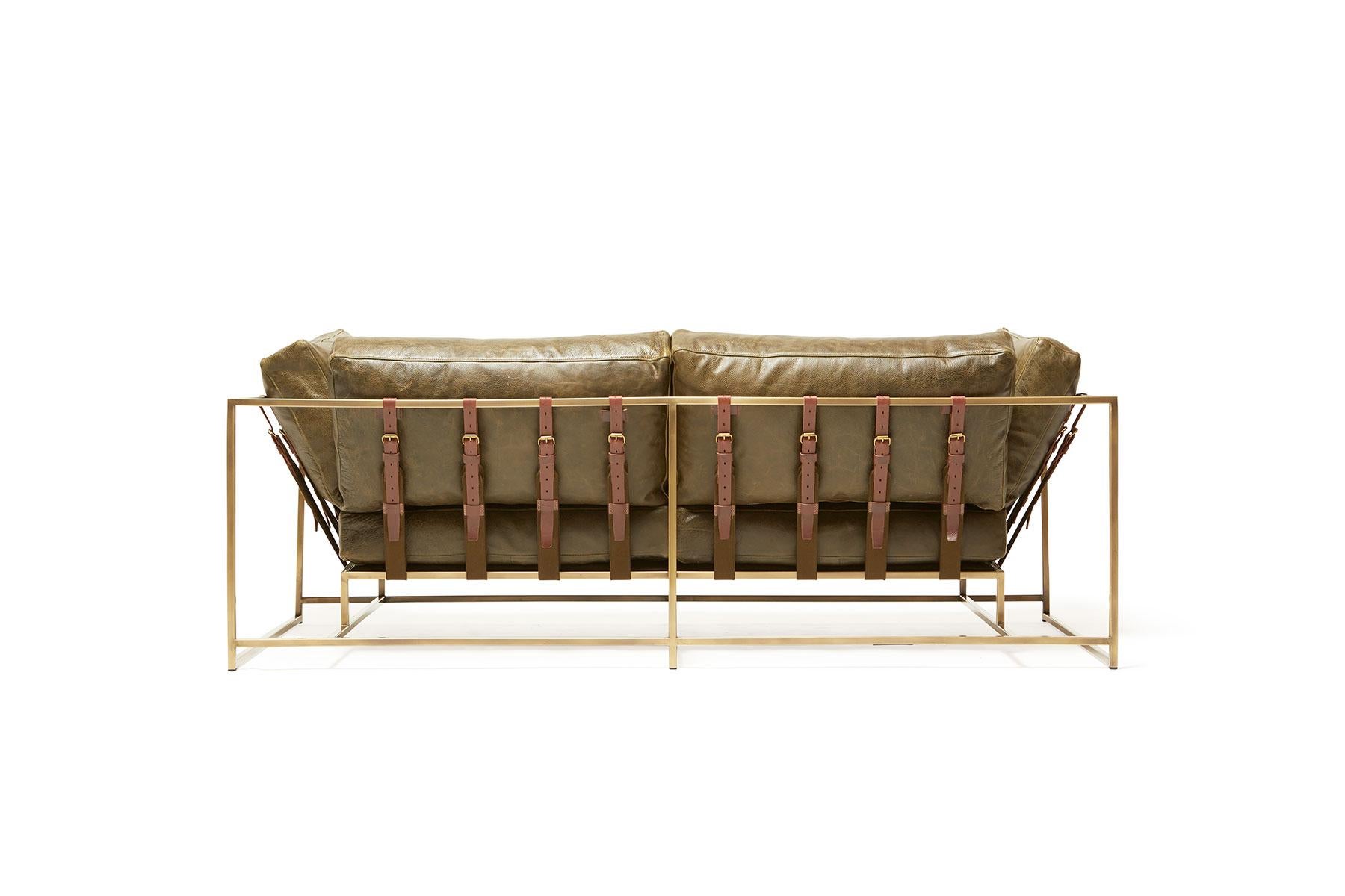Modern Olive Leather and Antique Brass Two-Seat Sofa For Sale