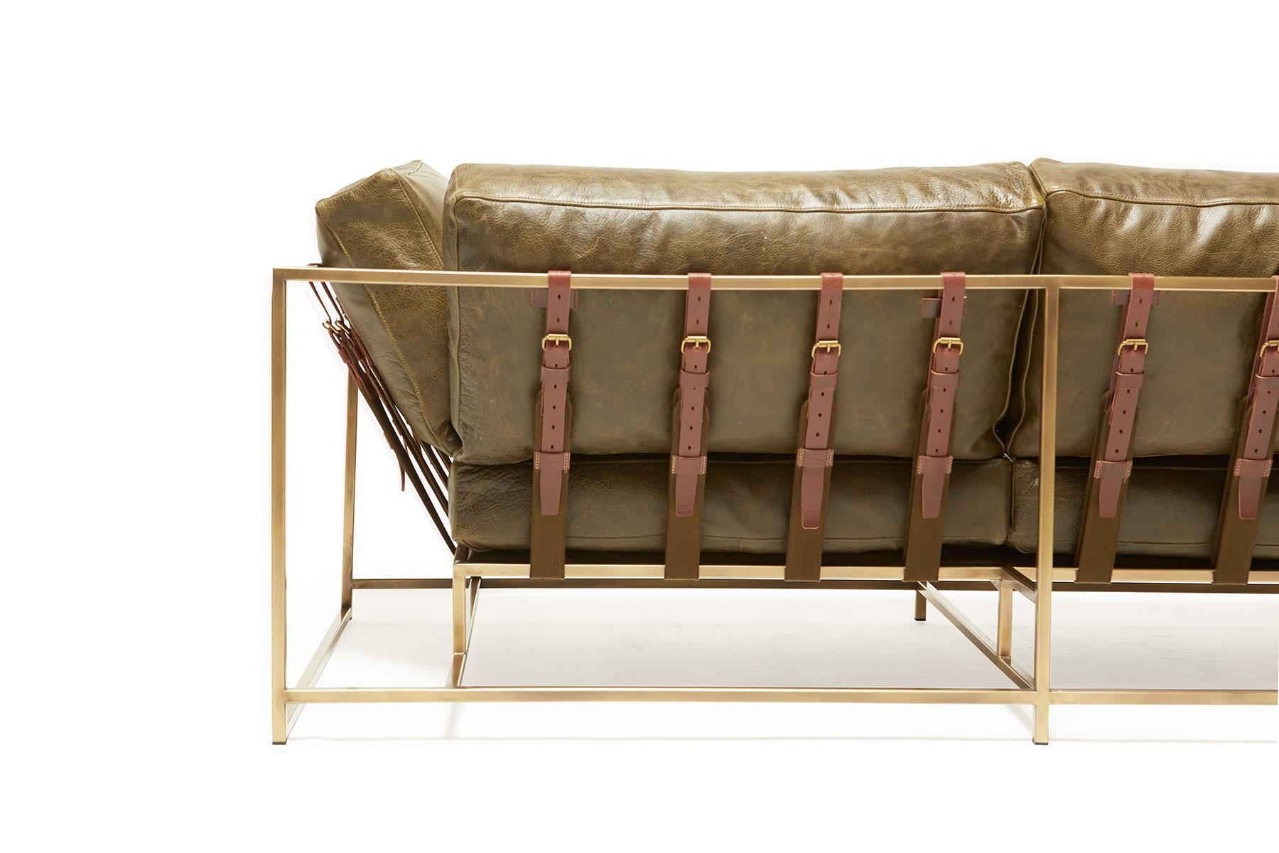 American Olive Leather and Antique Brass Two-Seat Sofa For Sale