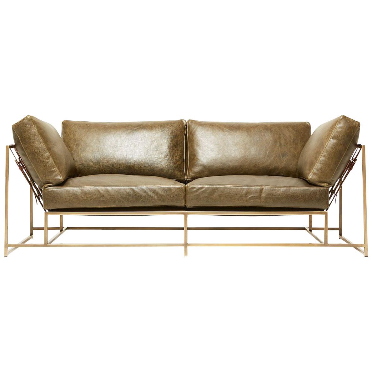 Olive Leather and Antique Brass Two-Seat Sofa For Sale