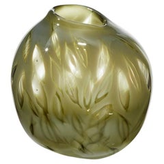 Olive Leaves Pod, a handblown green & clear glass vessel by Michèle Oberdieck