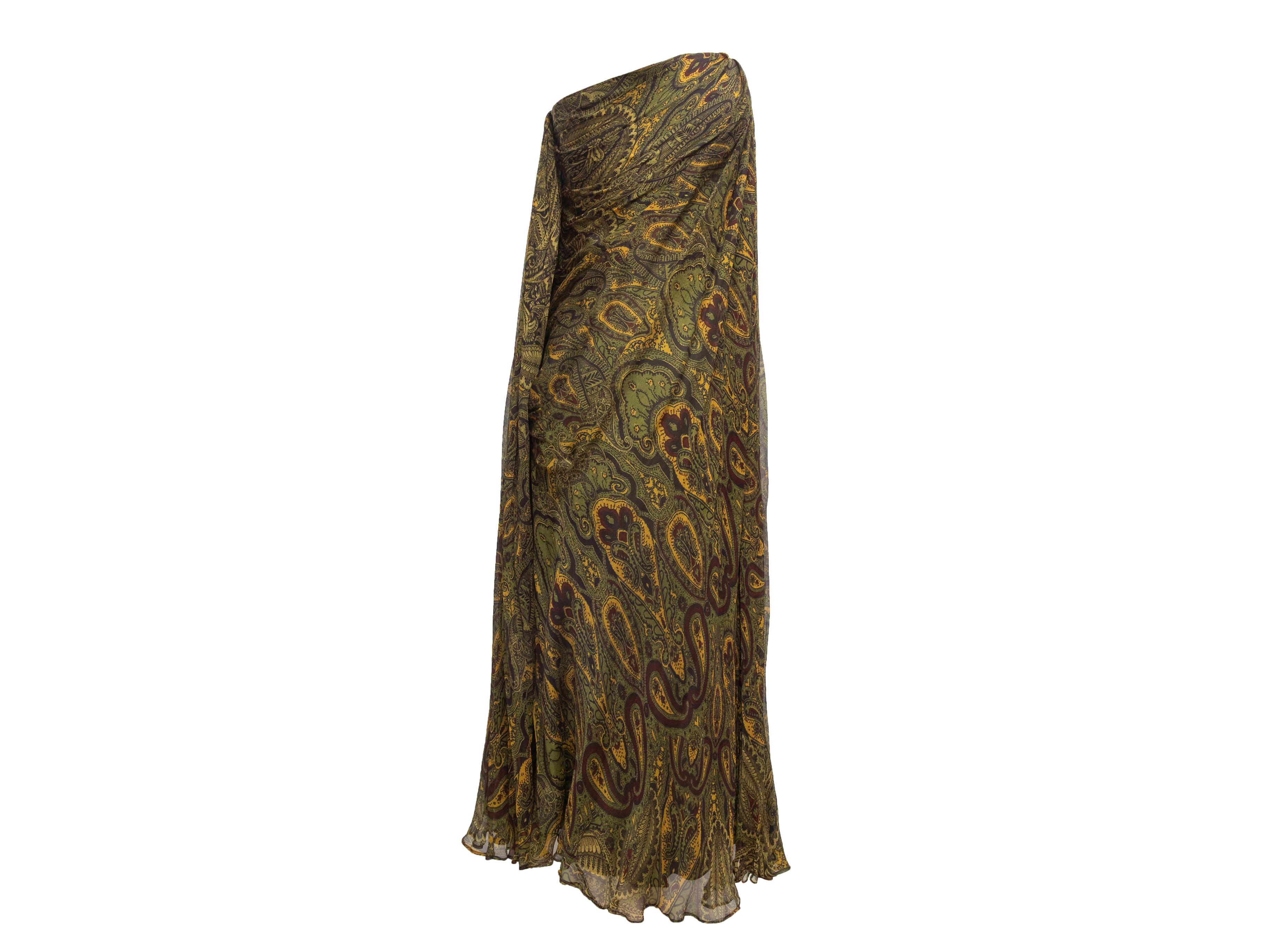 Trägerloses Kleid von Alexander McQueen aus Seide mit Paisleymuster in Oliv und Multicolor. Sweetheart-Ausschnitt. Reißverschluss am Rücken. 26