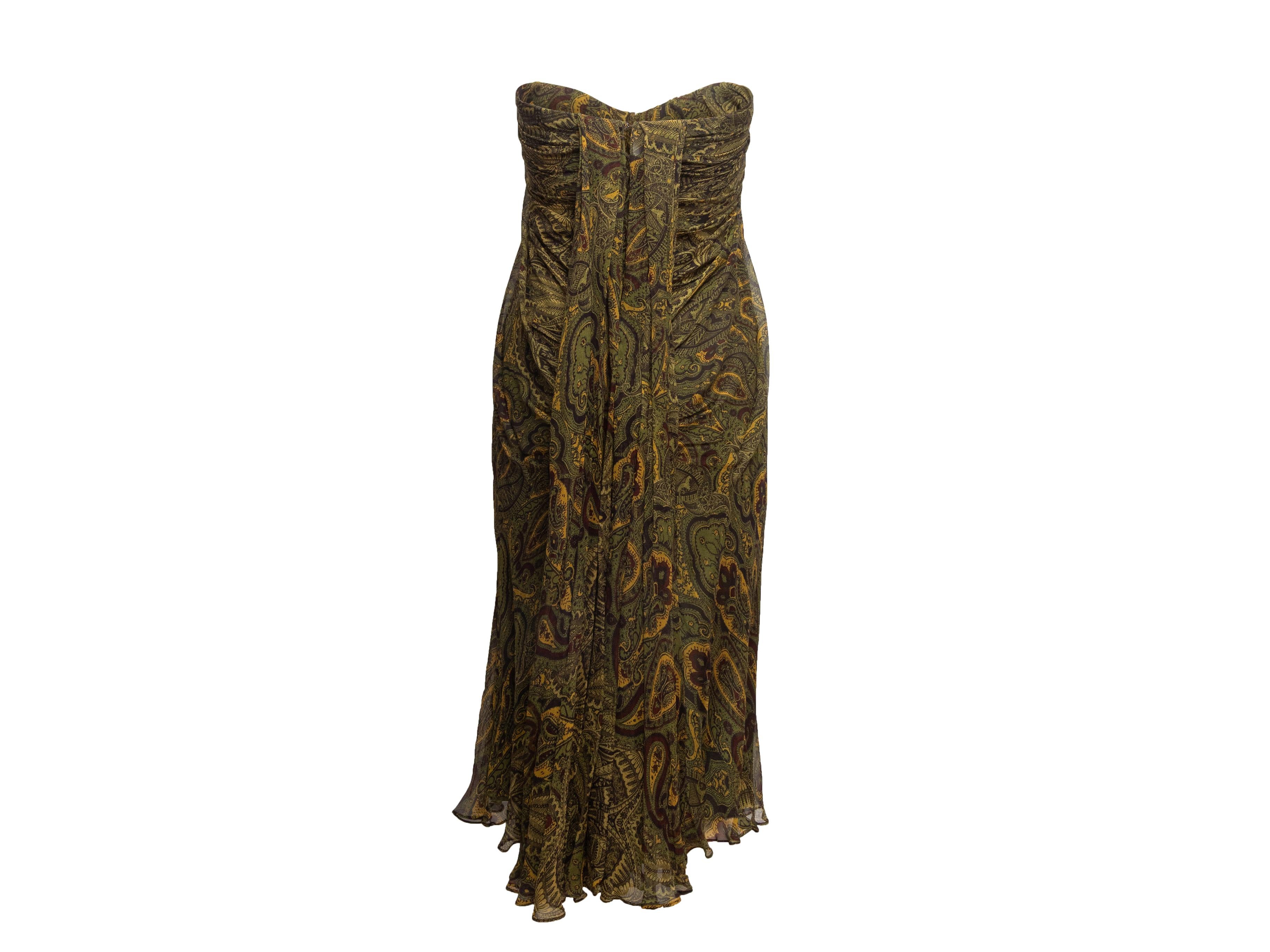 Olive & Multicolor Alexander McQueen Seiden Paisley Trägerloses Kleid Größe IT 42 (Braun) im Angebot
