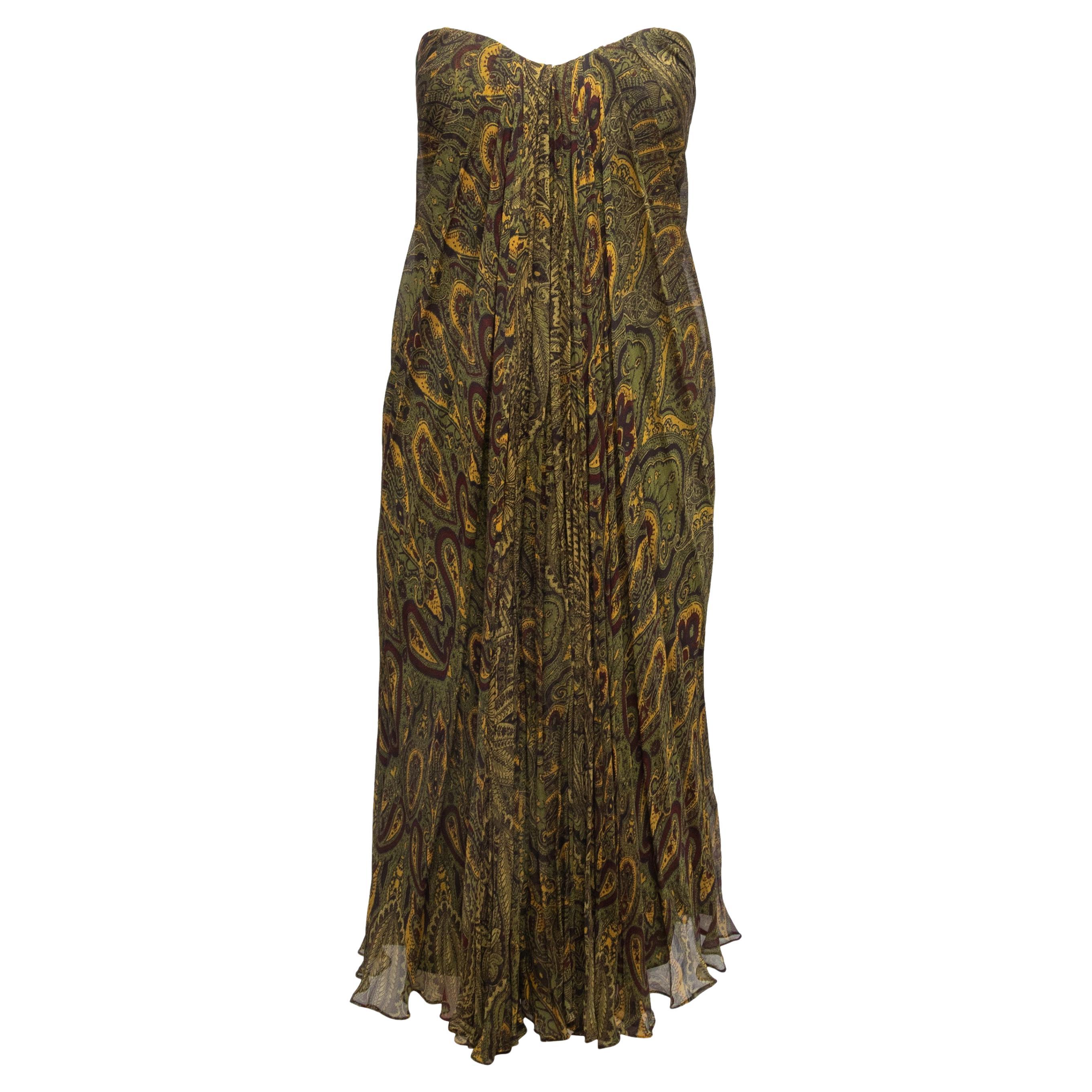 Olive 
Multicolor Alexander McQueen Seiden Paisley Trägerloses Kleid Größe IT 42 im Angebot