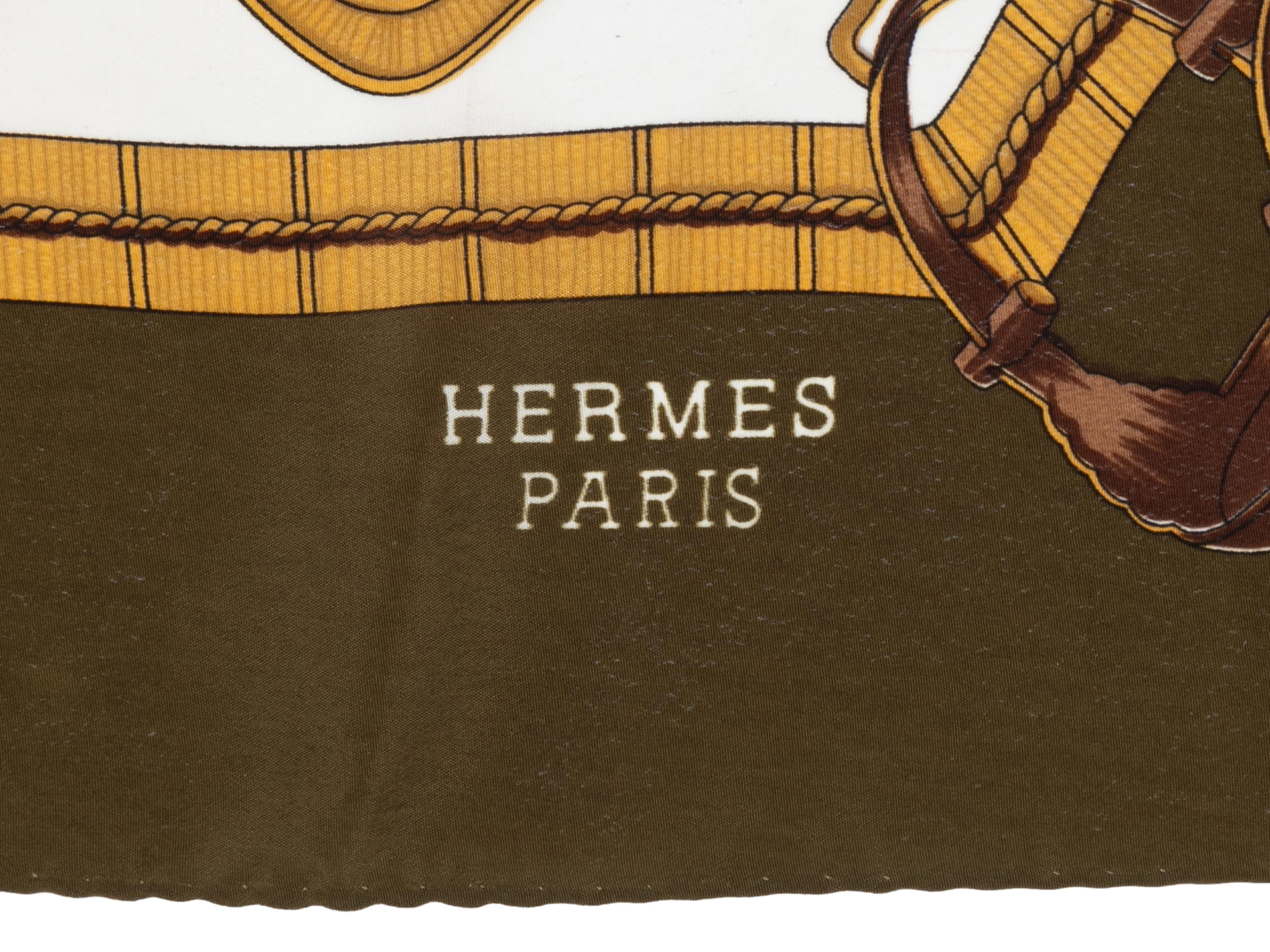 Olive and multicolor horse and bridle motif silk scarf by Hermes. 34