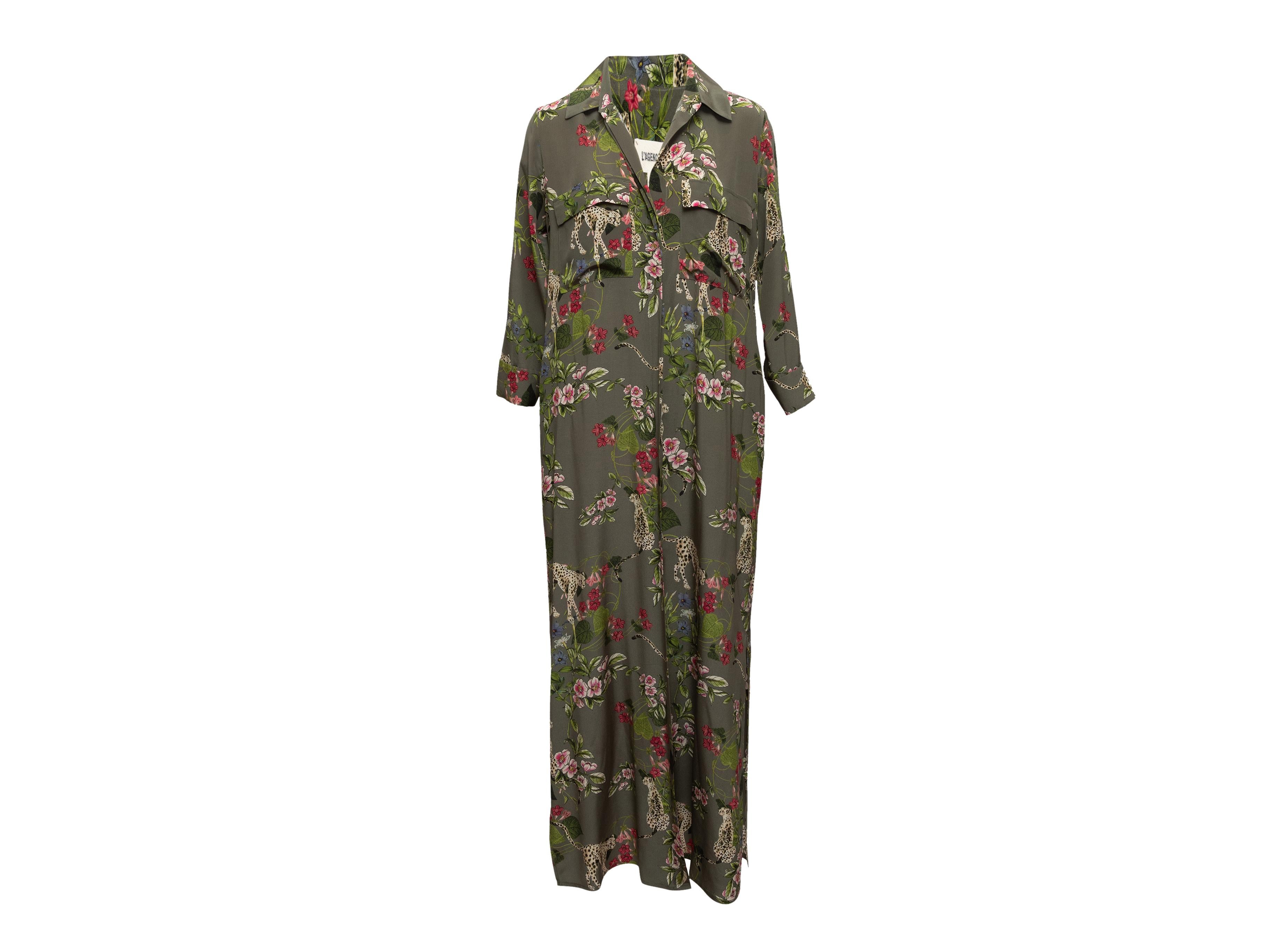 Olive and multicolor cheetah and floral print maxi dress by L'Agence. Pointed collar. Long sleeves. Dual bust pockets. Sash tie at waist. Concealed front closures. 40