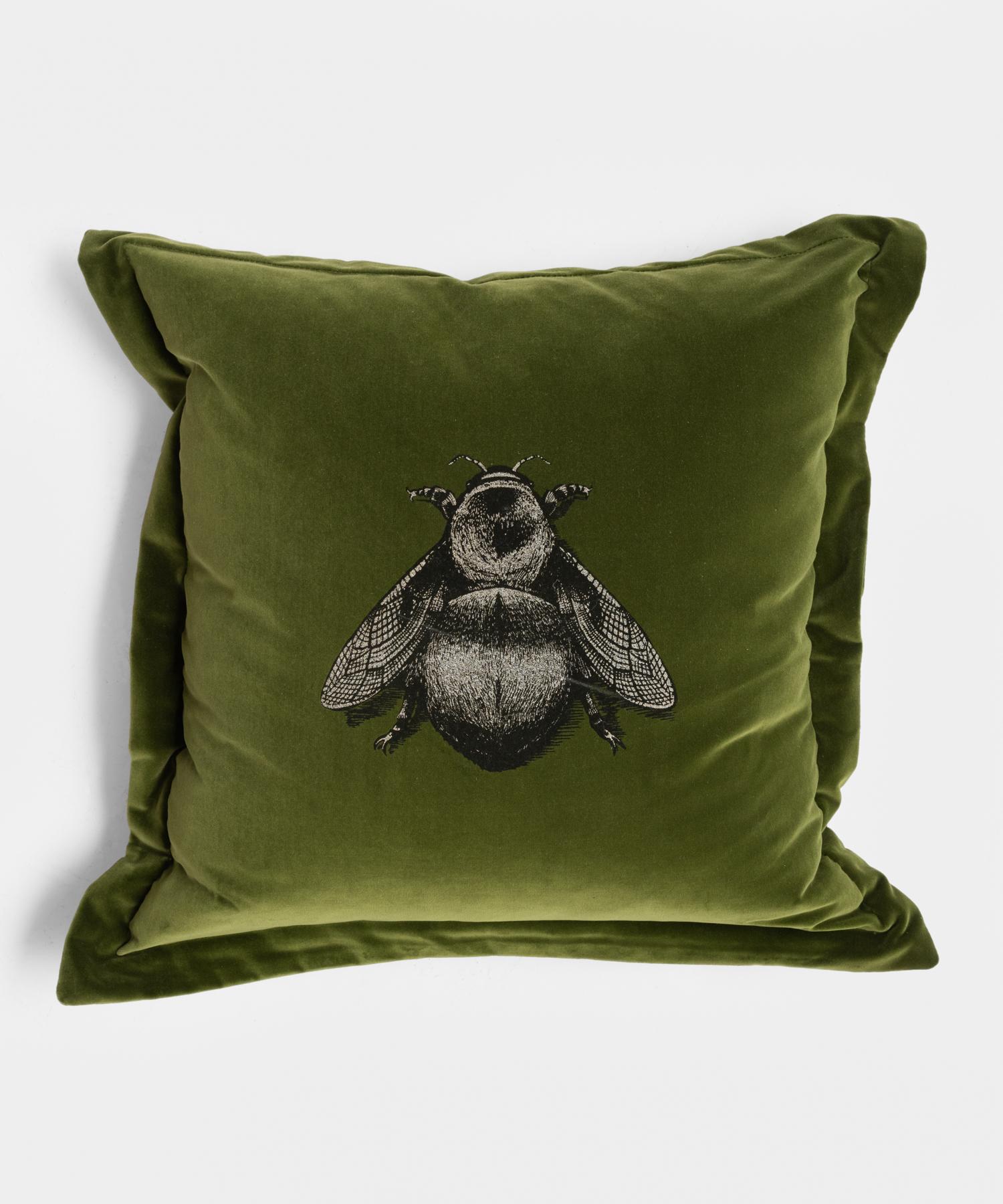 Olive Napoleon Bee cushion by Timorous Beasties

100% cotton pile with embroidered bee design in metallic thread. Also available in crimson and honey.