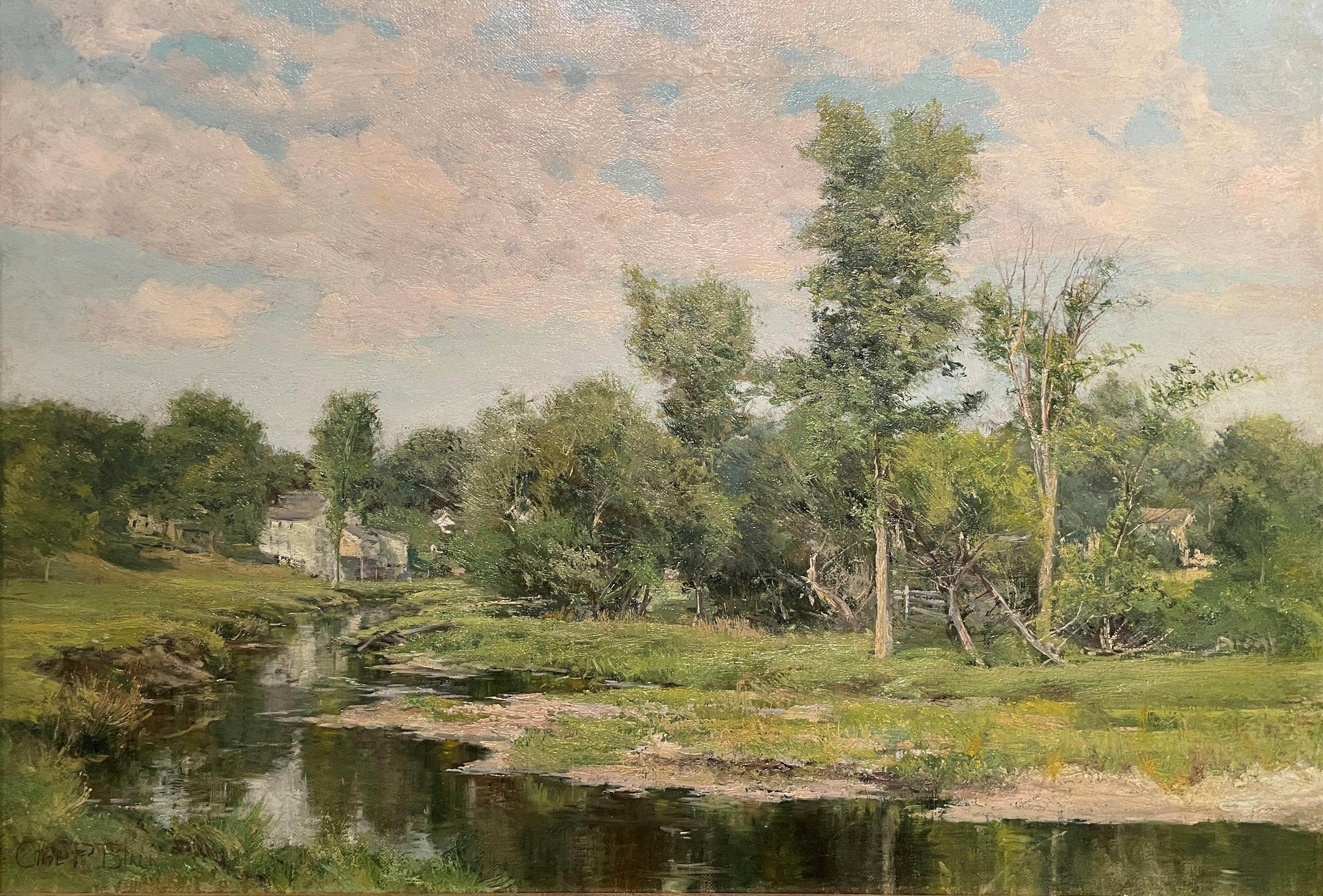 Olive Parker Black (1868 - 1948) 
Paisaje verde con arroyo
Óleo sobre lienzo
16 x 24 pulgadas
Firmado abajo a la izquierda

n consumado pintor paisajista, Olive Black nació en Cambridge, Massachusetts. Estudió arte con Hugh Bolton Jones en la Liga