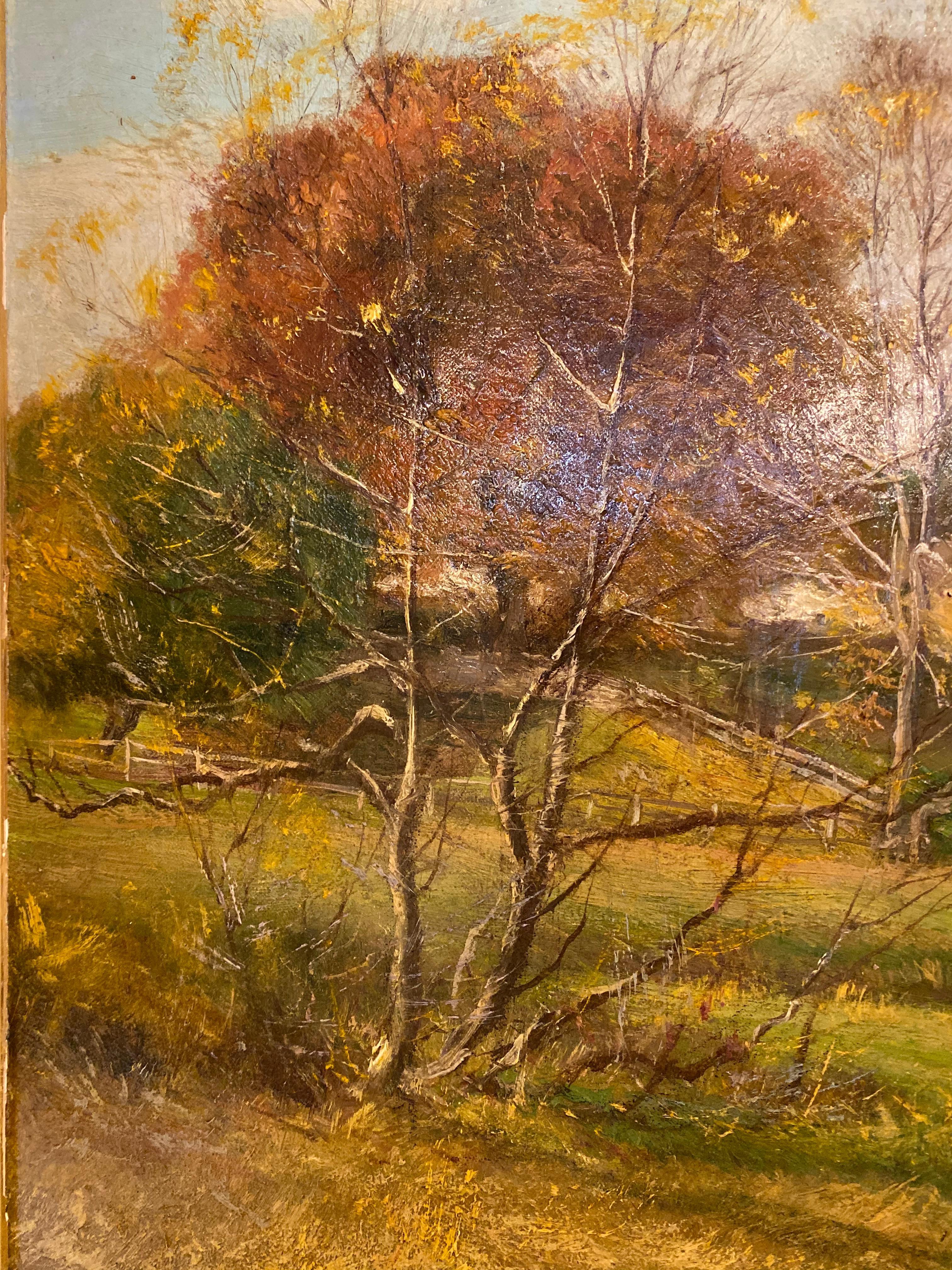 Olive Parker Black Signed Oil on Canvas Autumn Landscape Giltwood Gold Frame In Good Condition For Sale In Stamford, CT