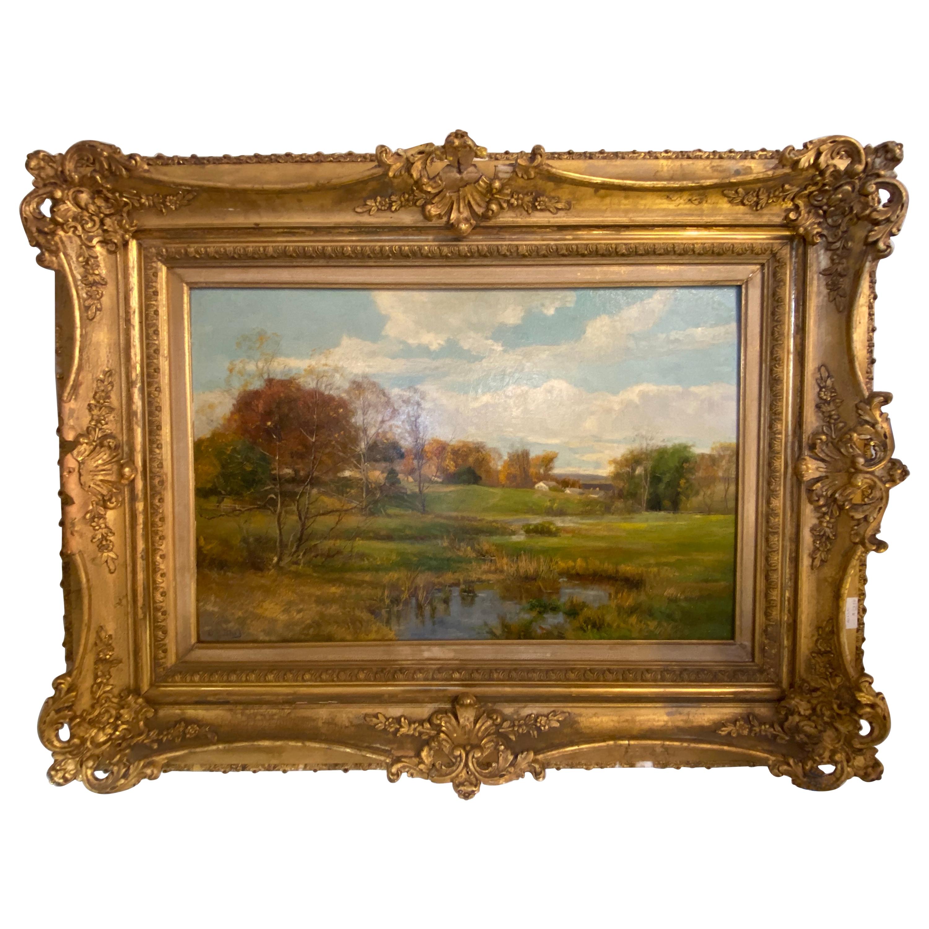 Olive Parker Black Signed Oil on Canvas Autumn Landscape Giltwood Gold Frame
