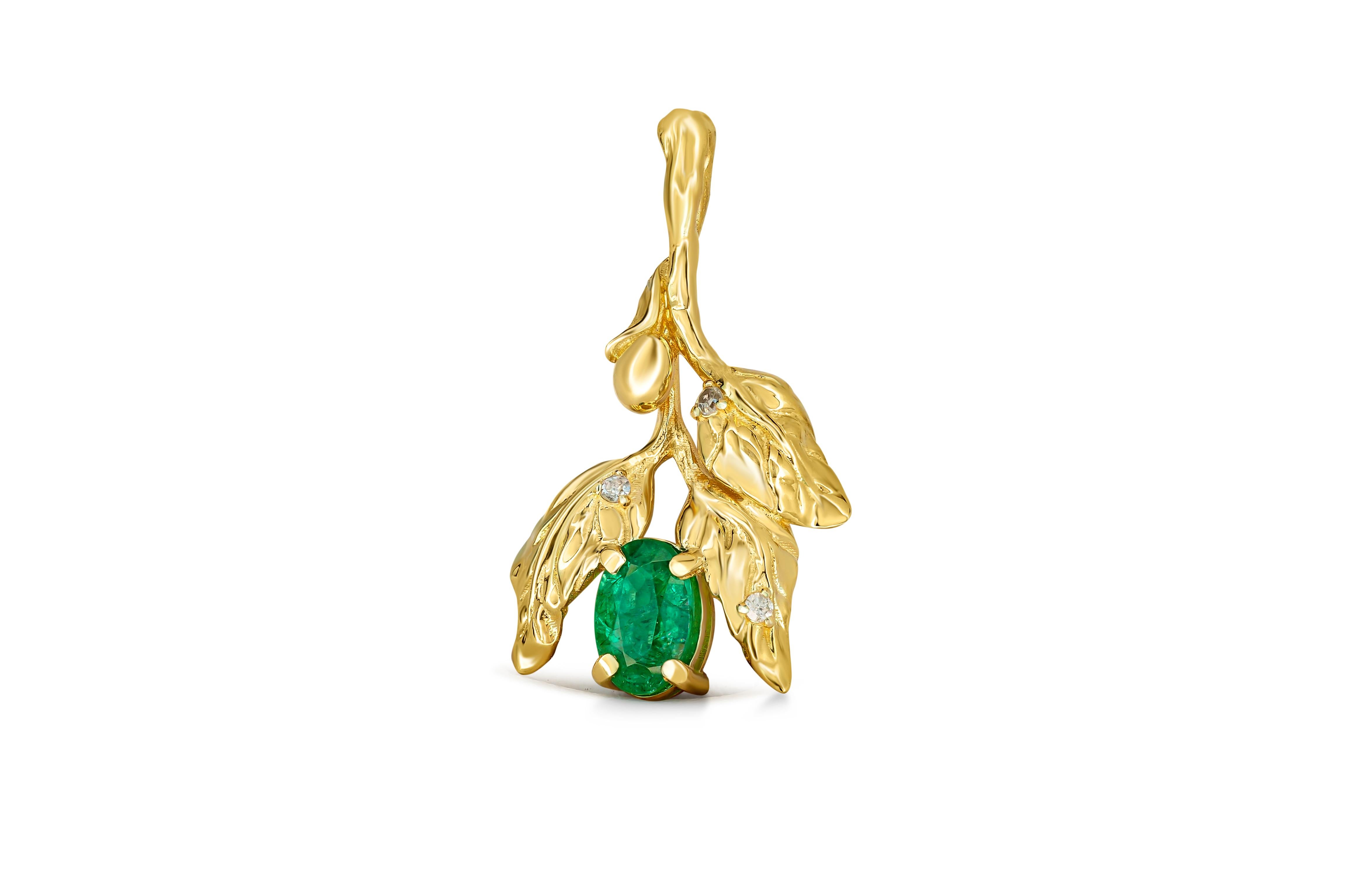 Olive pendant with emerald. 
Oval emerald 14k gold pendant. Gold Branch pendant. May birthstone pendant. Gold Leaf pendant. Emerald pendant.

Metal: 14kt solid gold
Pendant size: 23.3 x 13.7 mm.
Weight: 2.4 g.

Gemstones:
Natural emeralds: 1 piece,