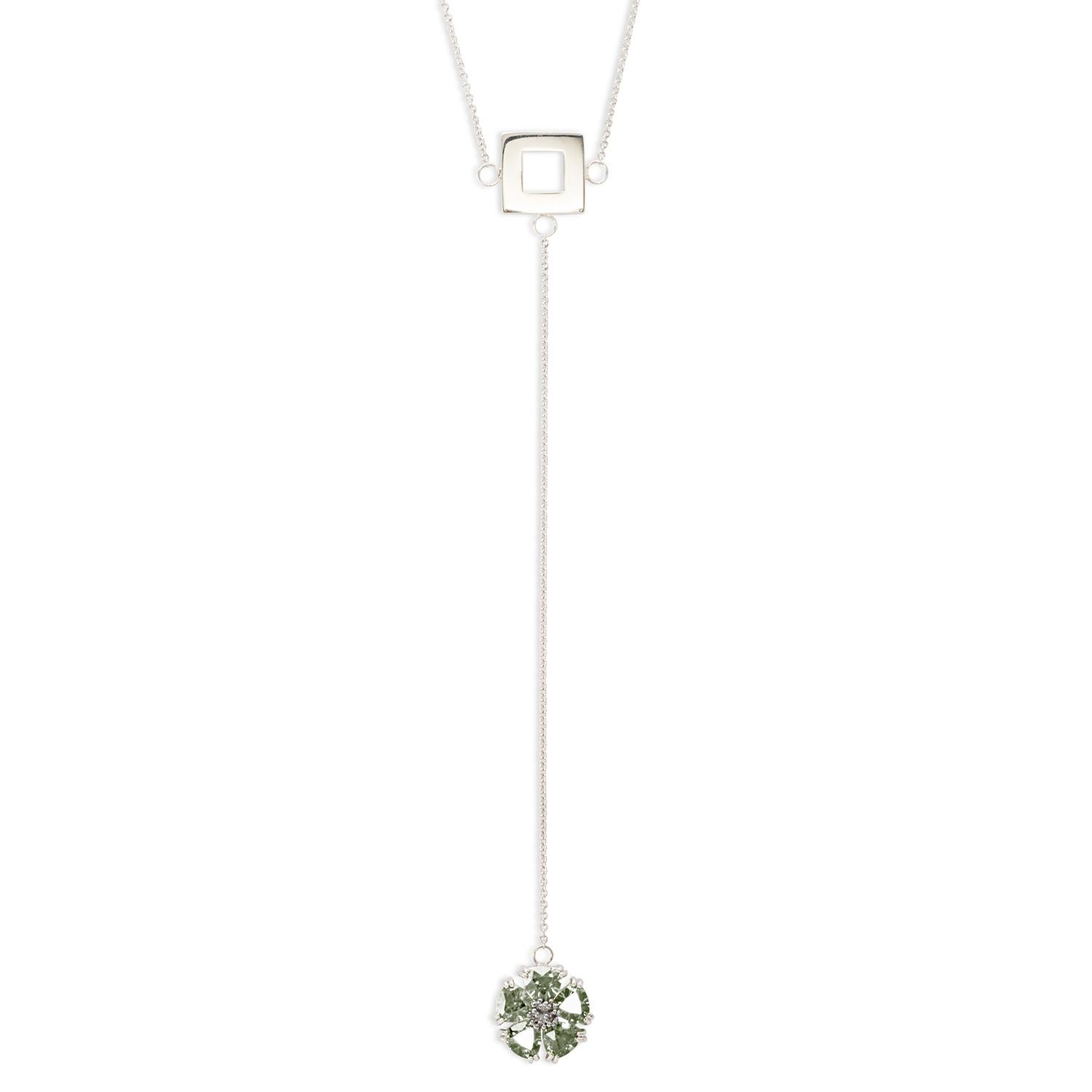 Designed in NYC

.925 Sterling Silver 5 x 7 mm Olive Peridot Blossom Stone and Square Lariat Necklace. No matter the season, allow natural beauty to surround you wherever you go. Blossom stone and square lariat necklace: 

Sterling silver