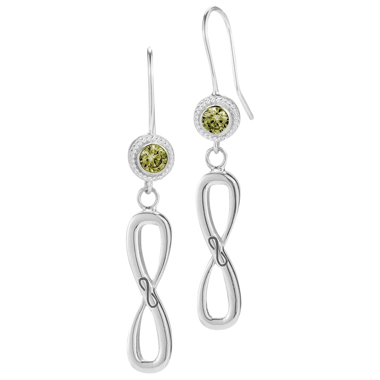 Olive Peridot Infinity Stone Stud Wire Hook Earrings For Sale