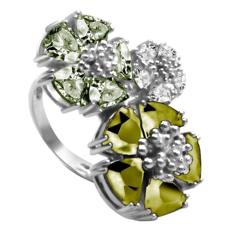 For Sale:  Olive Peridot, Peridot and White Topaz Trifecta Blossom Stone Ring