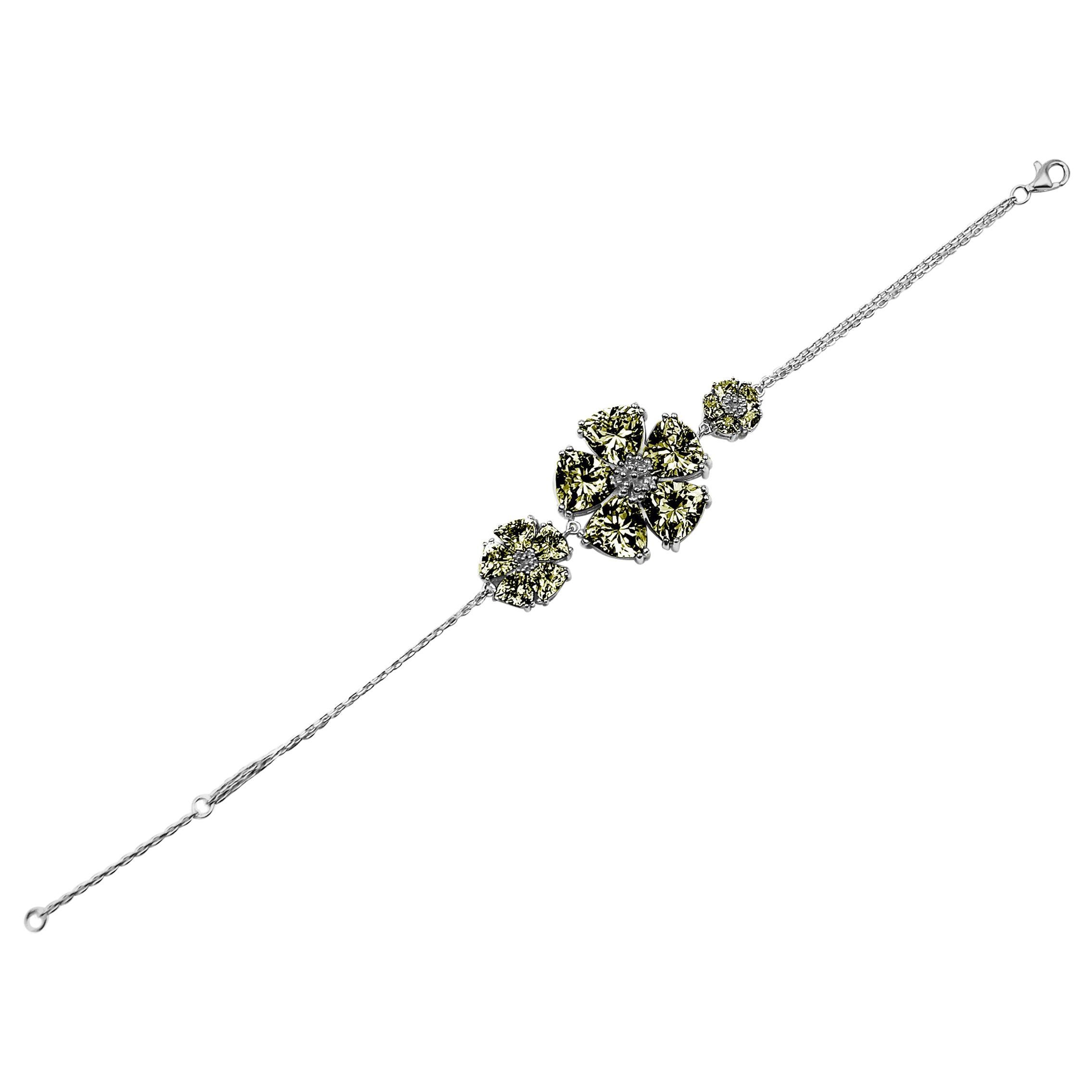 Olive Peridot Triple Blossom Stone Chain Bracelet For Sale
