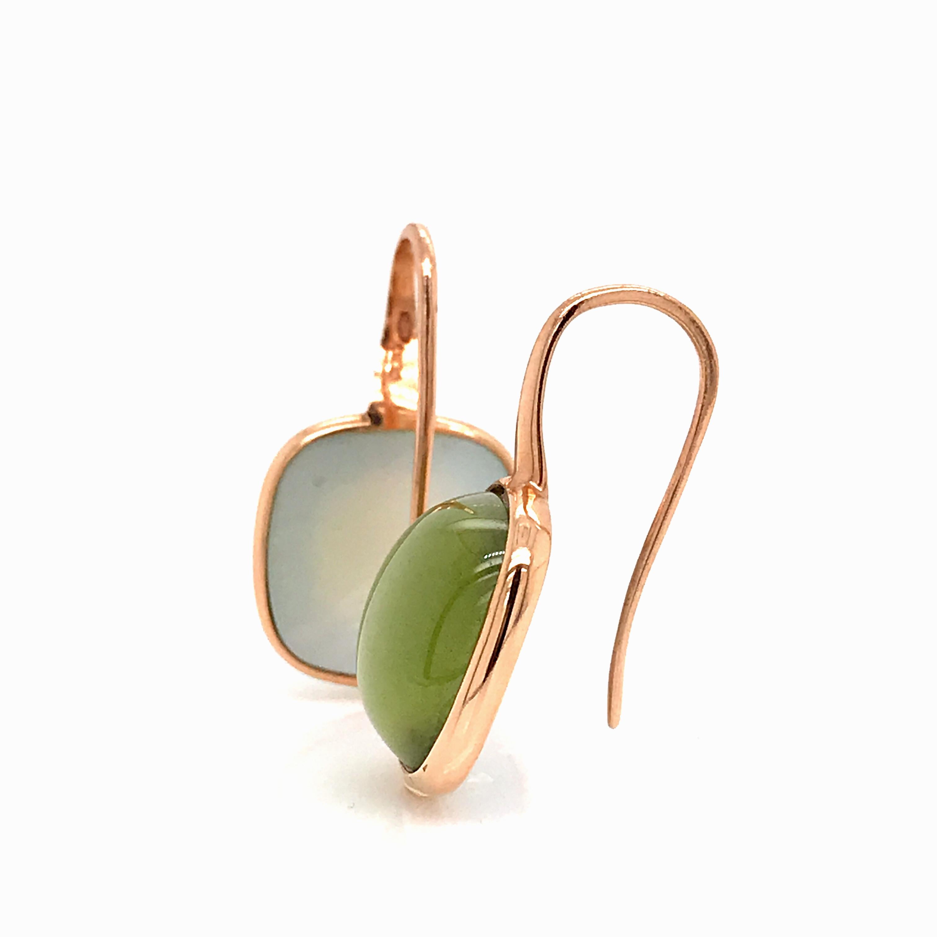 Pink gold Olive Quartz Drop Earrings 
Quartz Olive Stone Shape Cabochon.
A fine patch of mother-of-pearl gives the best effect for the depth of the brightness of the quartz.
Rose Gold 18k 
Weight of Gold / 4.77 grams 