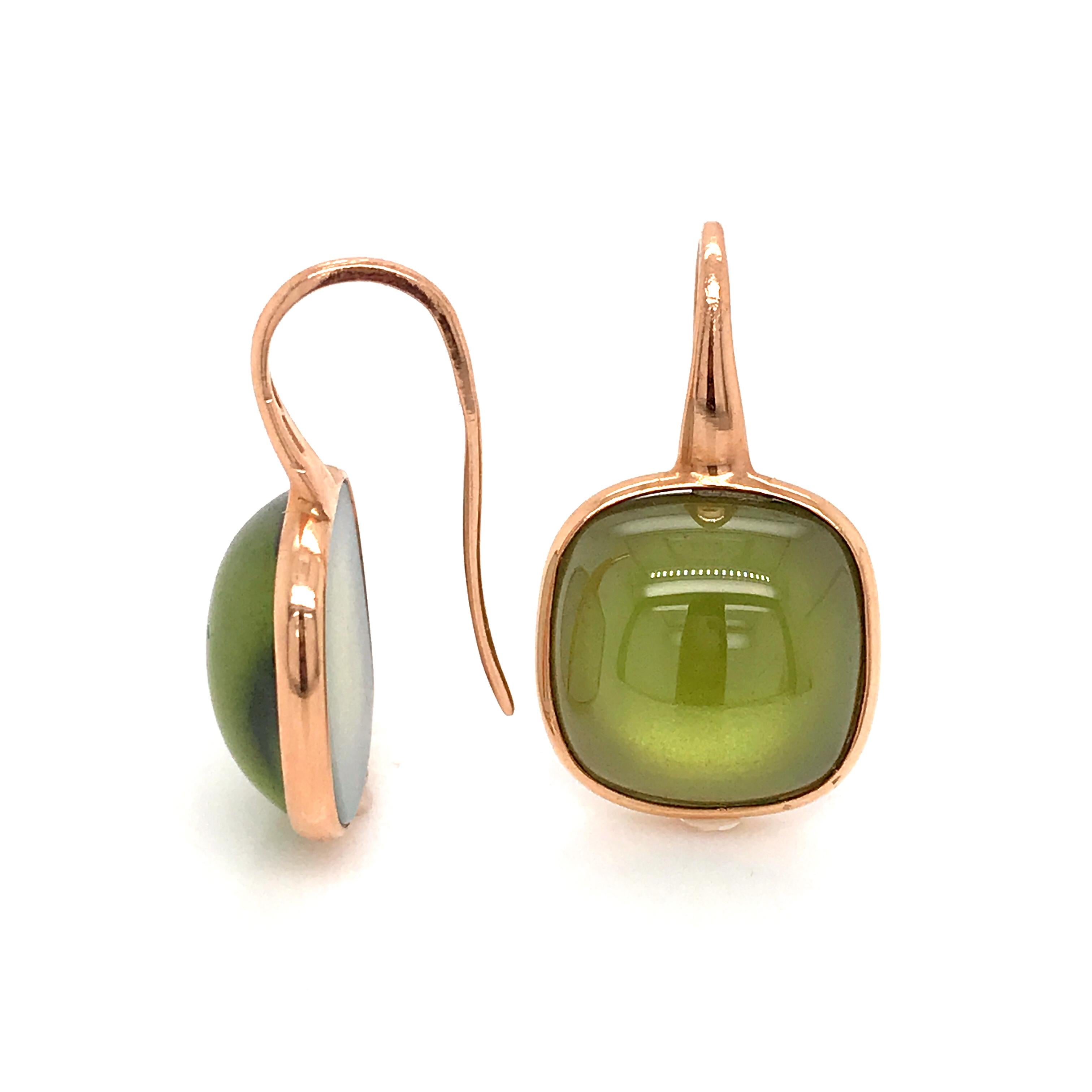 Olive Quartz and Pink Gold 18 Karat Drop Earrings In New Condition In Vannes, FR