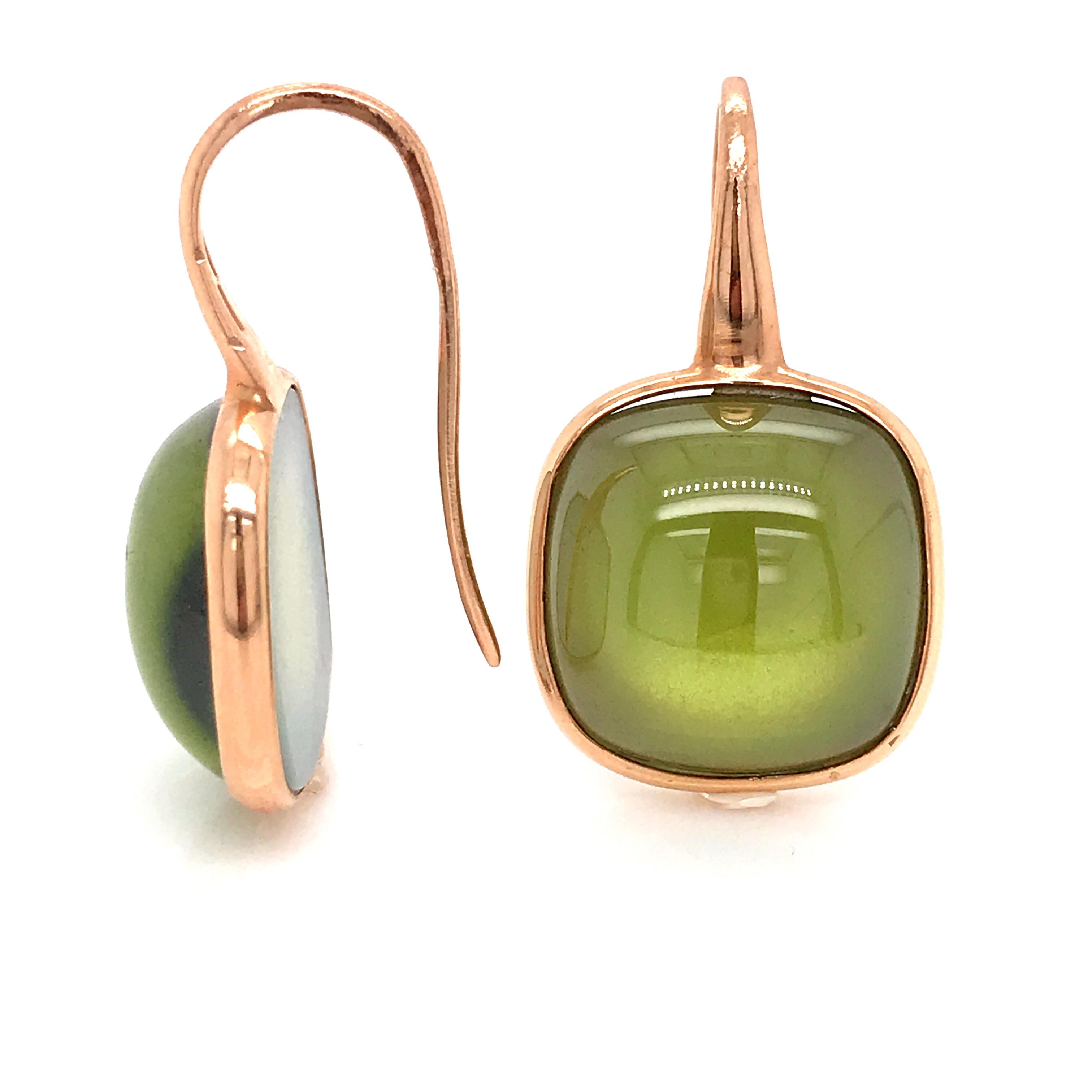 Women's or Men's Olive Quartz and Pink Gold 18 Karat Drop Earrings