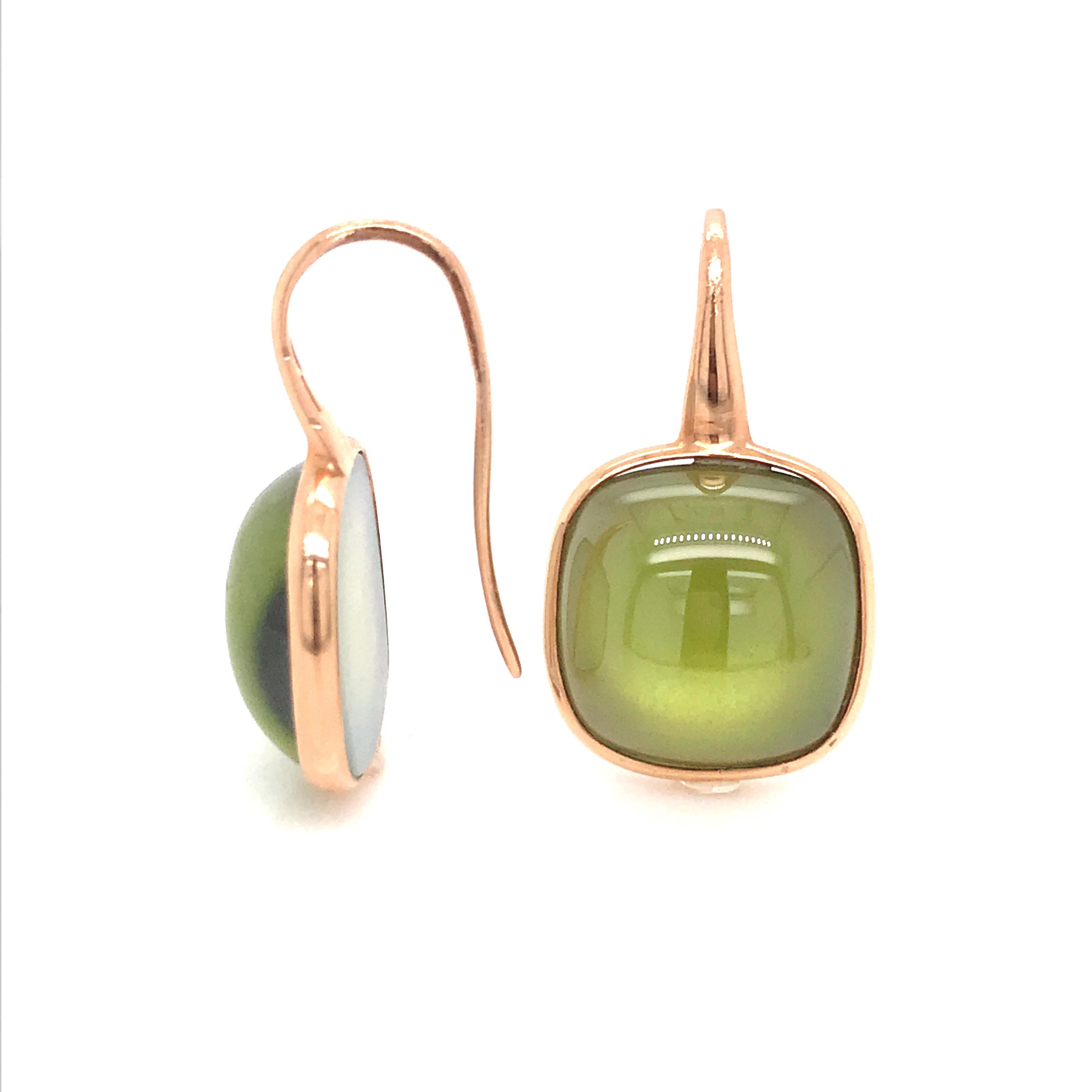 Olive Quartz and Pink Gold 18 Karat Drop Earrings 1