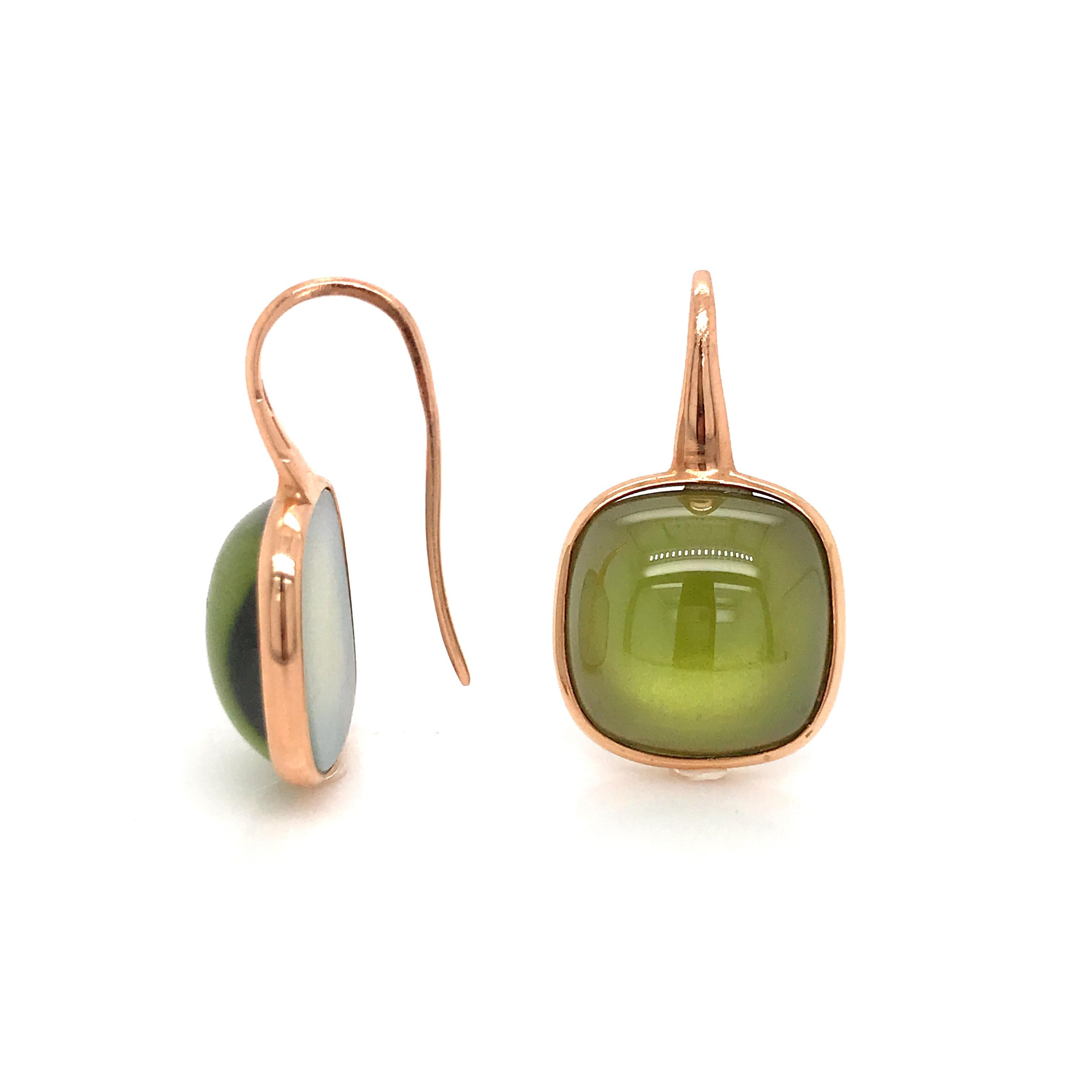 Olive Quartz and Pink Gold 18 Karat Drop Earrings 2