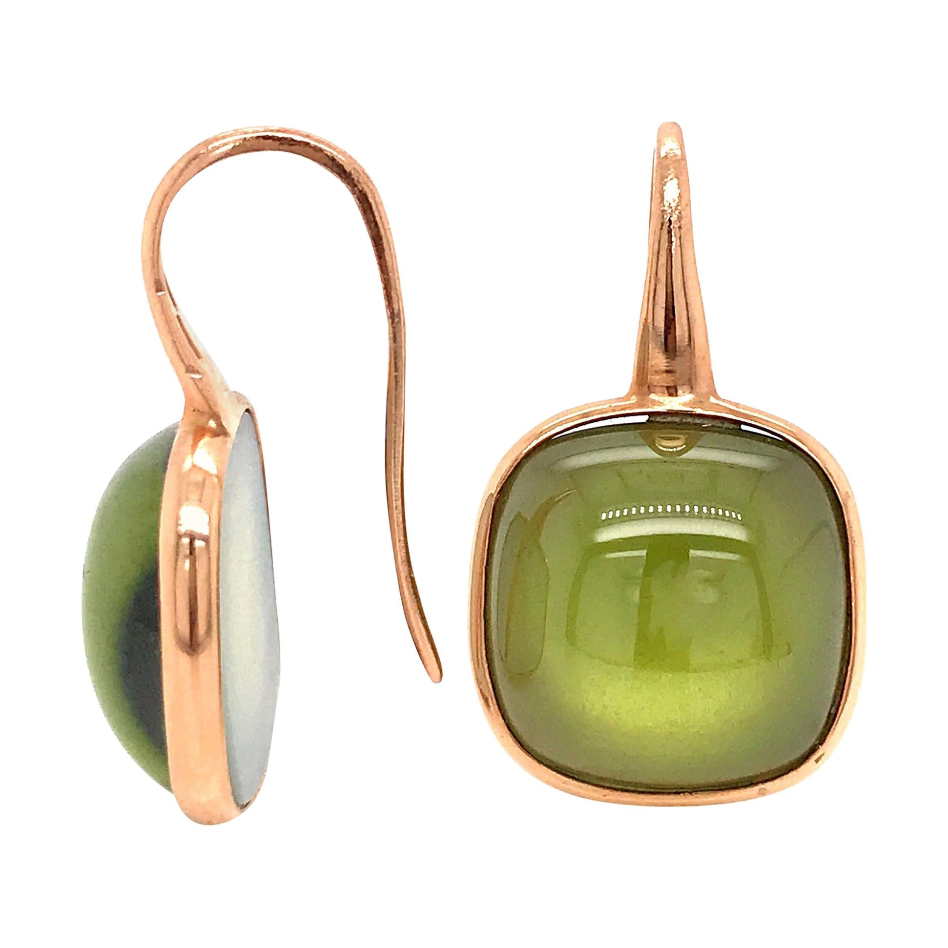 Olive Quartz and Pink Gold 18 Karat Drop Earrings